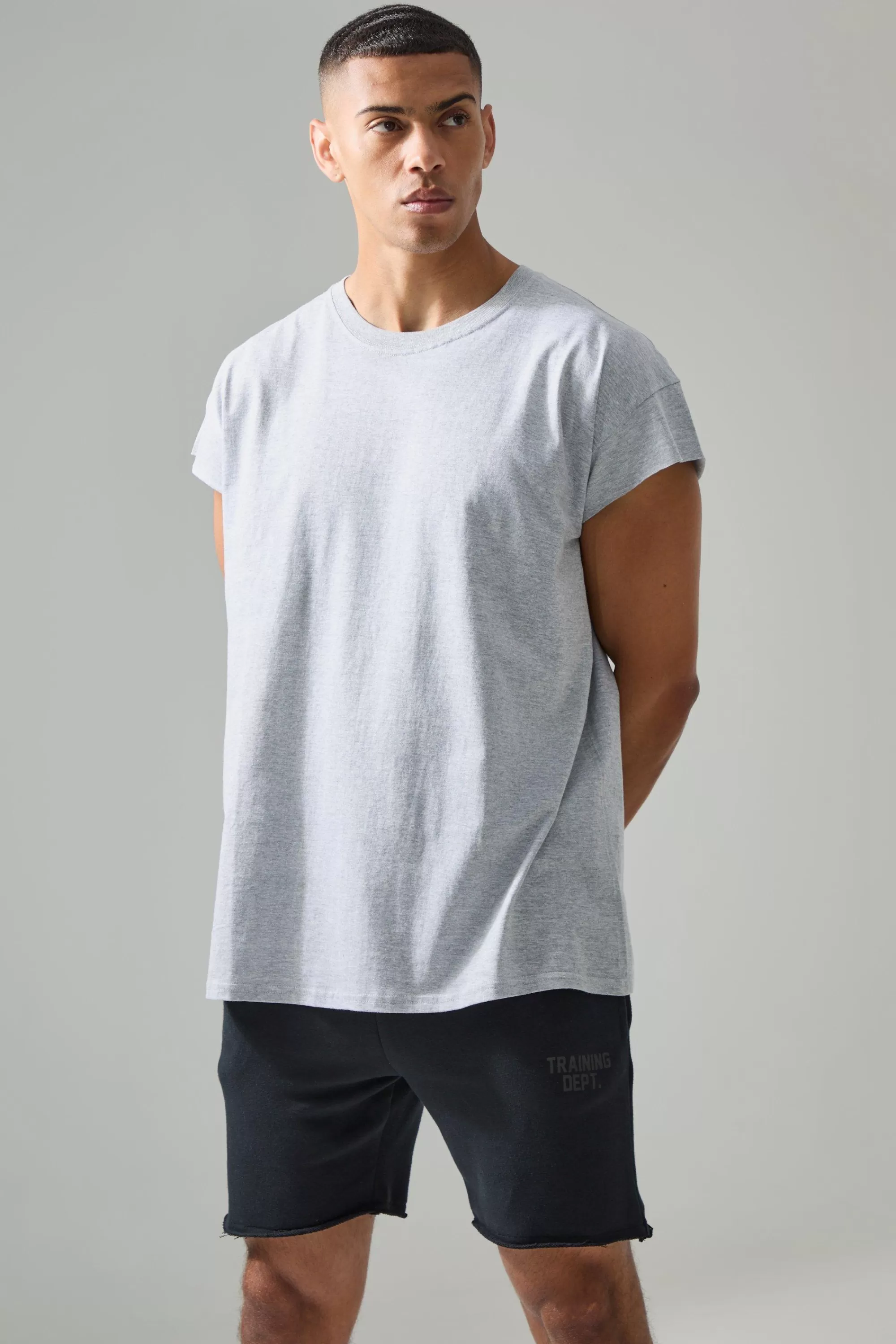 boohooMAN Man Active Oversized Bronx Barbell Cut Off T-shirt | UK grey marl Clearance