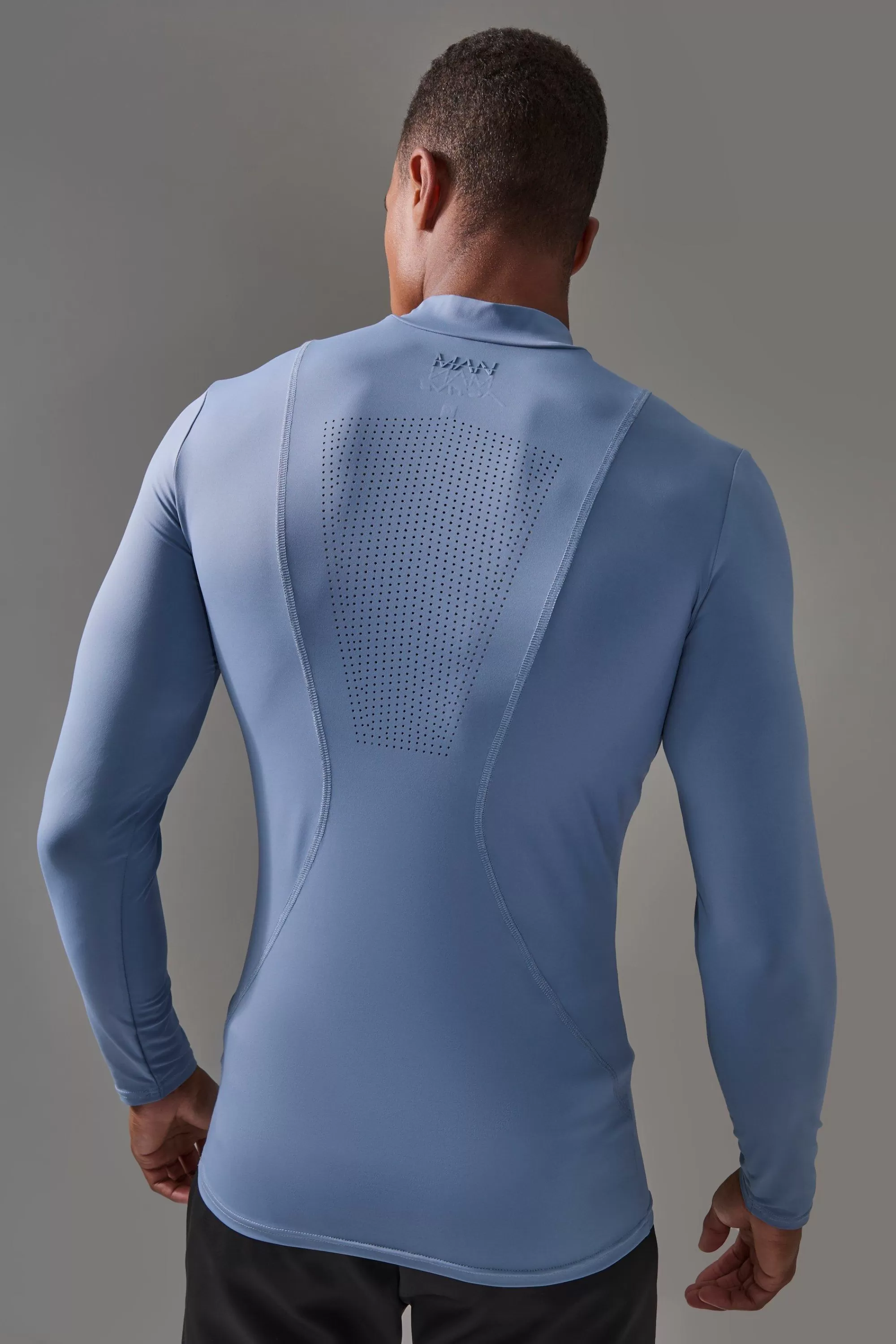 boohooMAN Man Active Pro Long Sleeve High Neck Perforated Base Layer | UK blue Best Sale