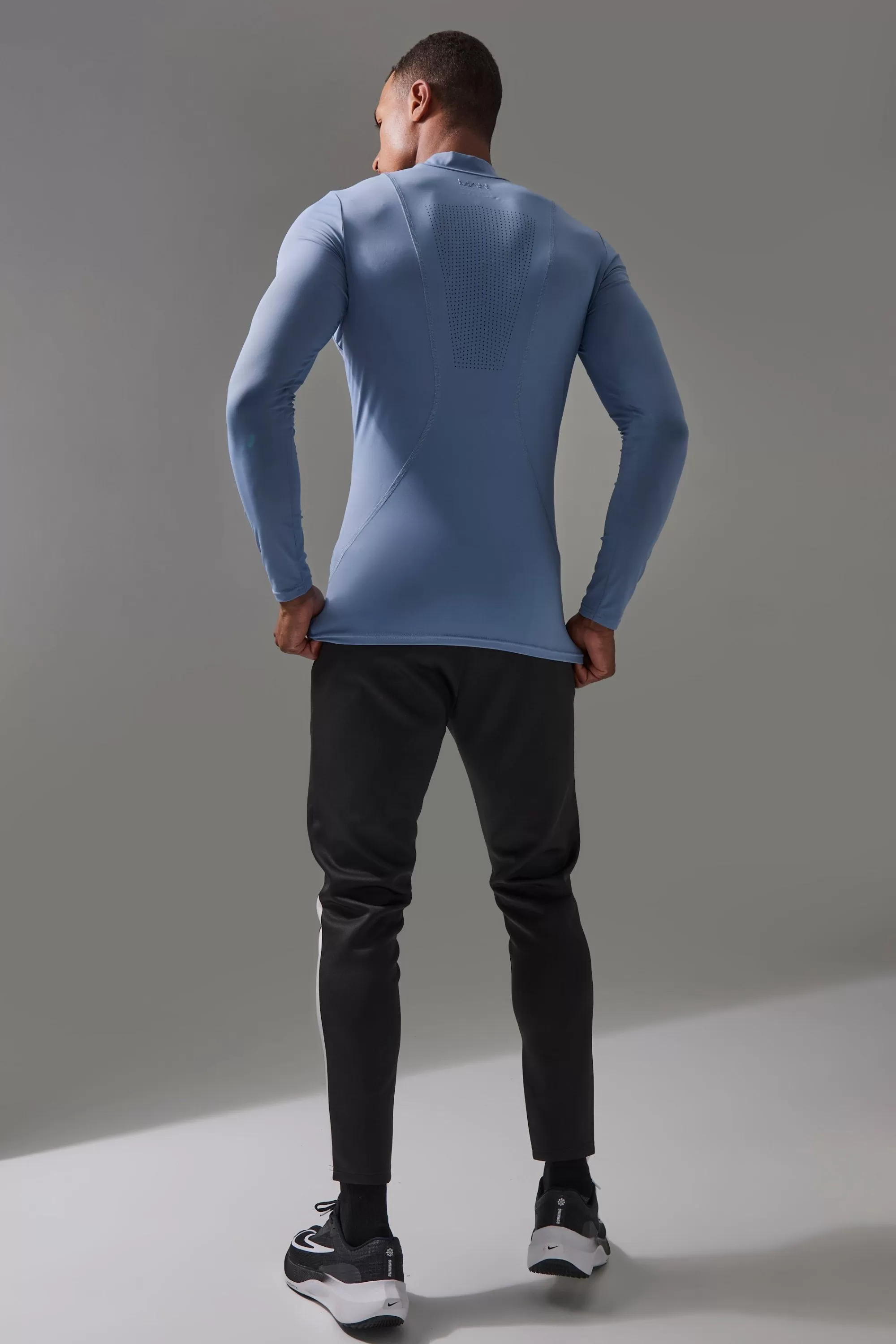 boohooMAN Man Active Pro Long Sleeve High Neck Perforated Base Layer | UK blue Best Sale