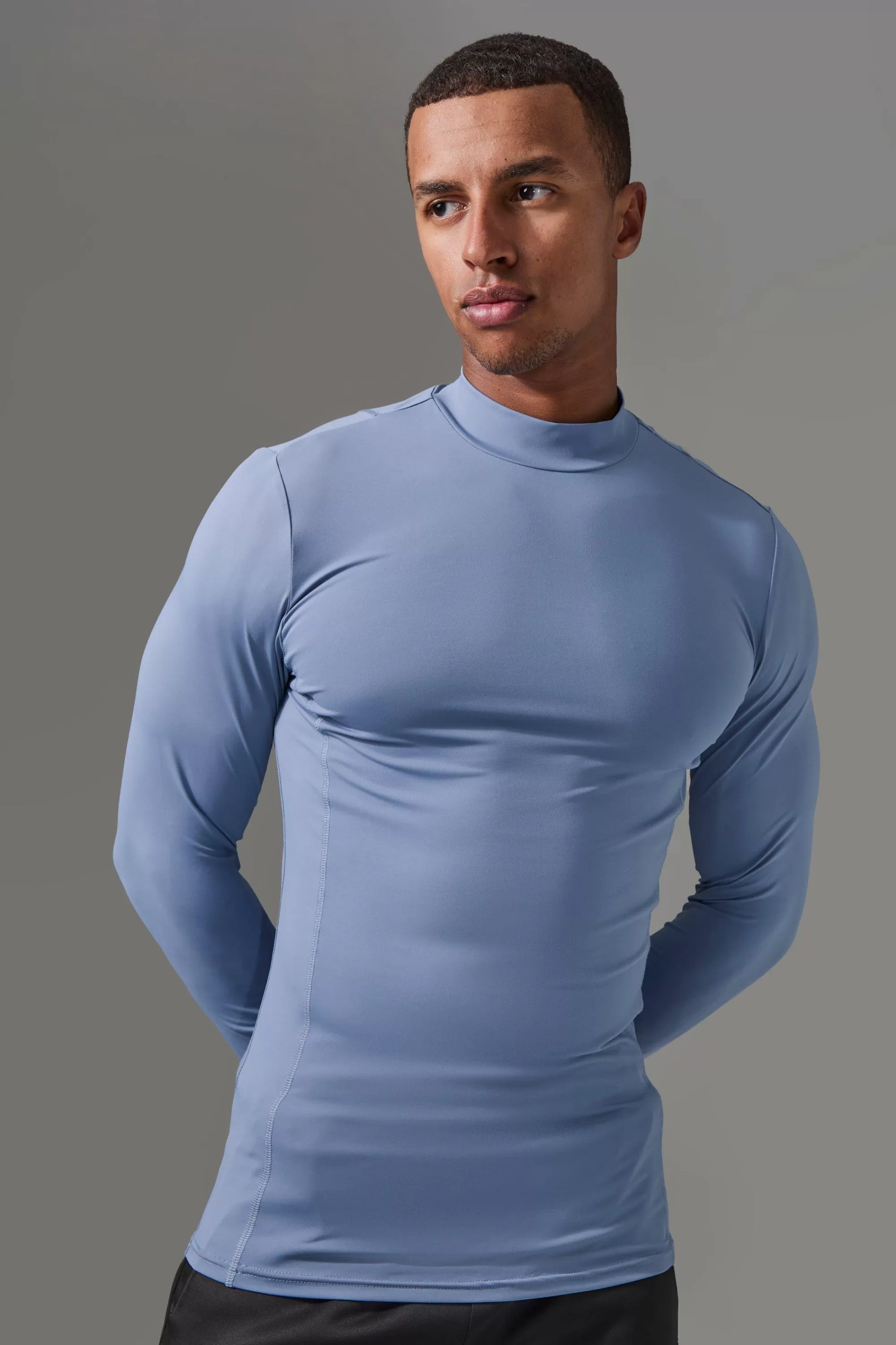 boohooMAN Man Active Pro Long Sleeve High Neck Perforated Base Layer | UK blue Best Sale