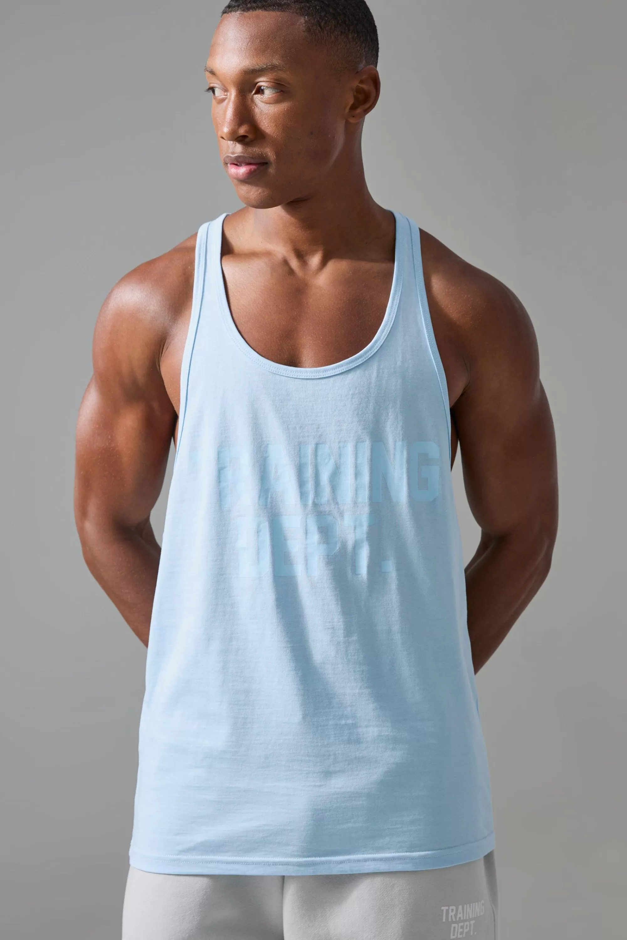 boohooMAN Man Active Training Dept Jersey Regular Fit Stringer Vest | UK blue Clearance