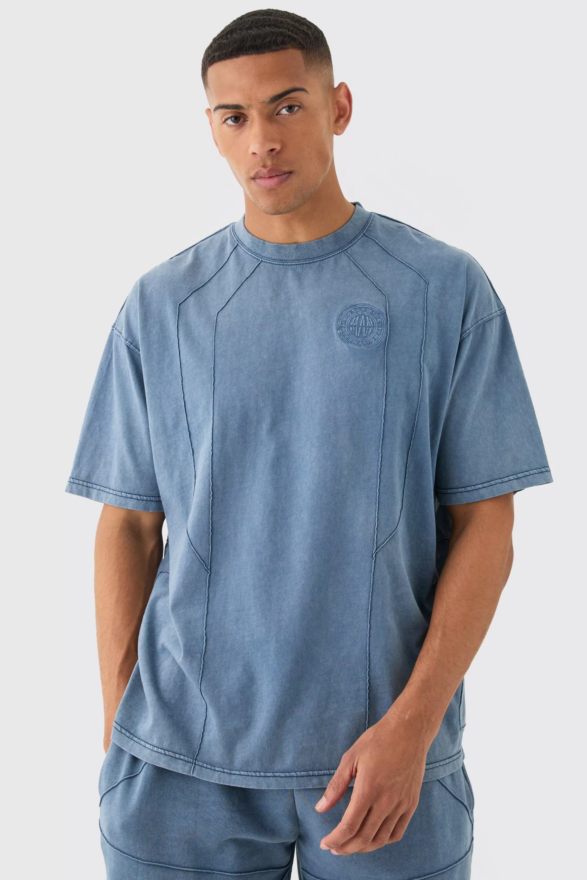 boohooMAN Man Oversized Wash Pintuck Embroidered T-shirt | UK blue Best Sale