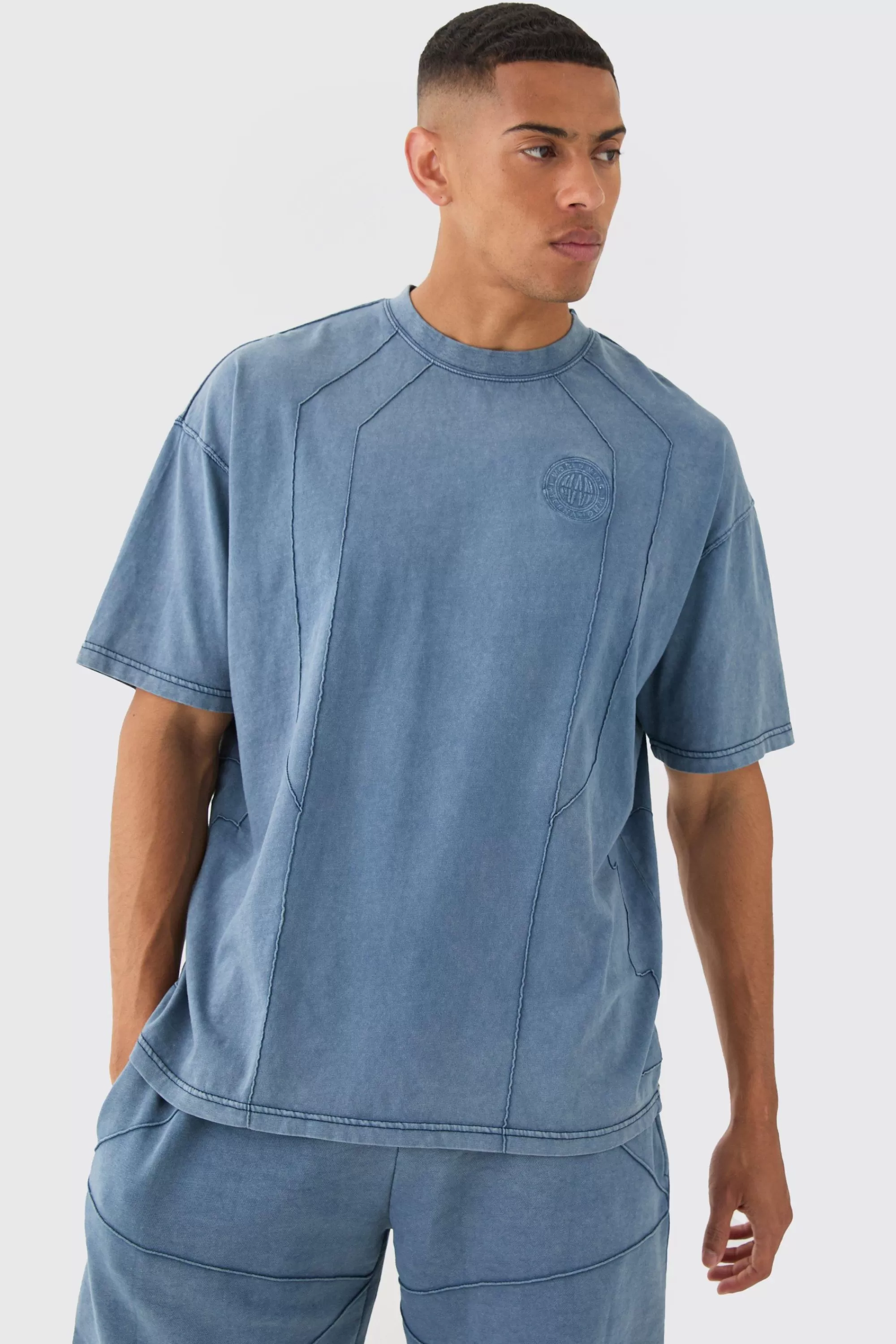 boohooMAN Man Oversized Wash Pintuck Embroidered T-shirt | UK blue Best Sale