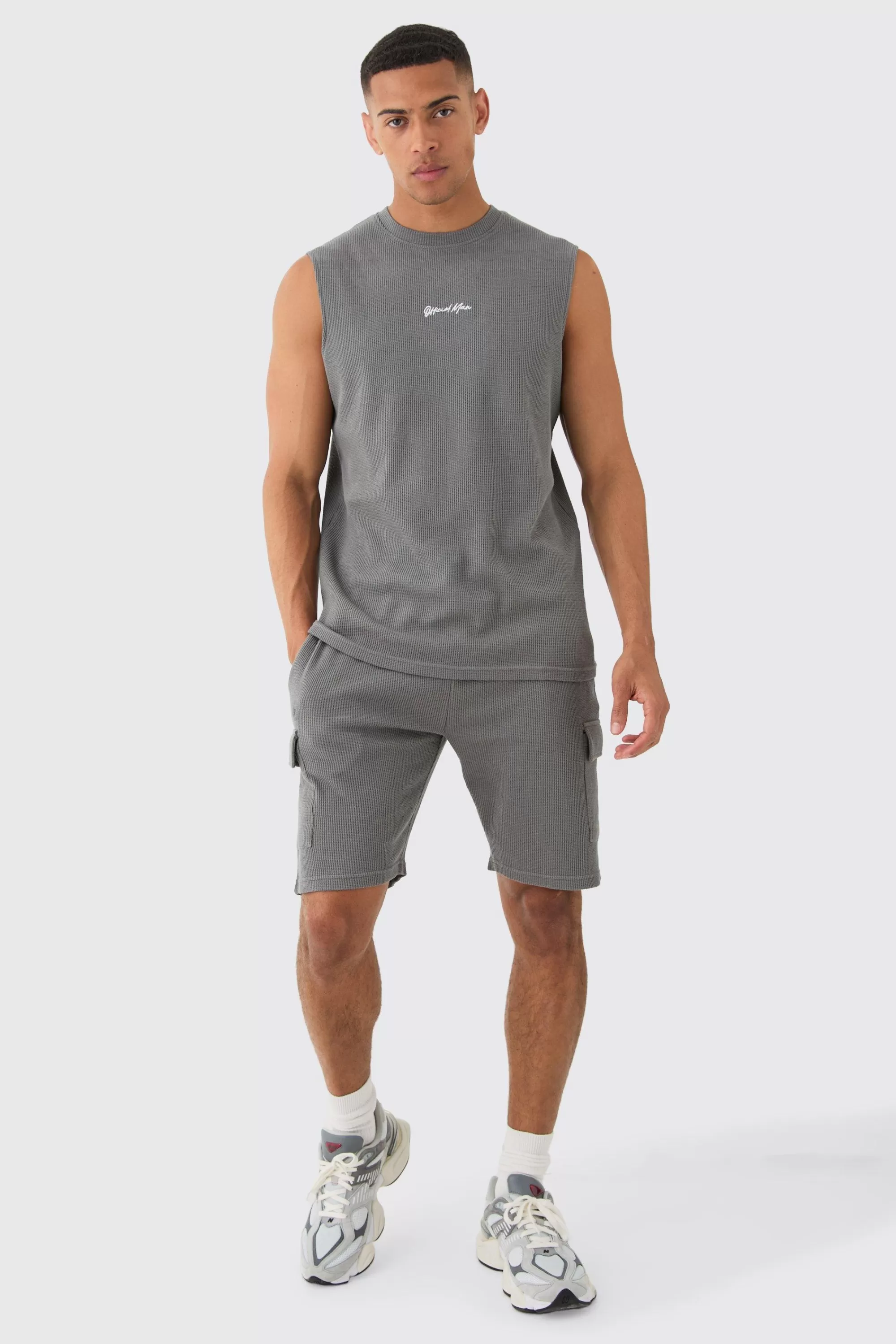 boohooMAN Man Regular Fit Waffle Tank And Cargo Shorts Set | UK charcoal Clearance