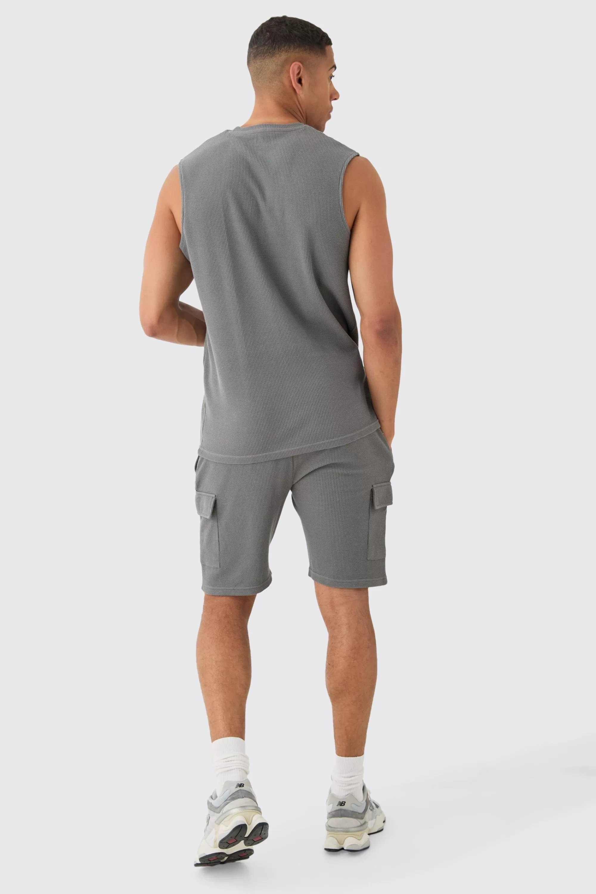 boohooMAN Man Regular Fit Waffle Tank And Cargo Shorts Set | UK charcoal Clearance