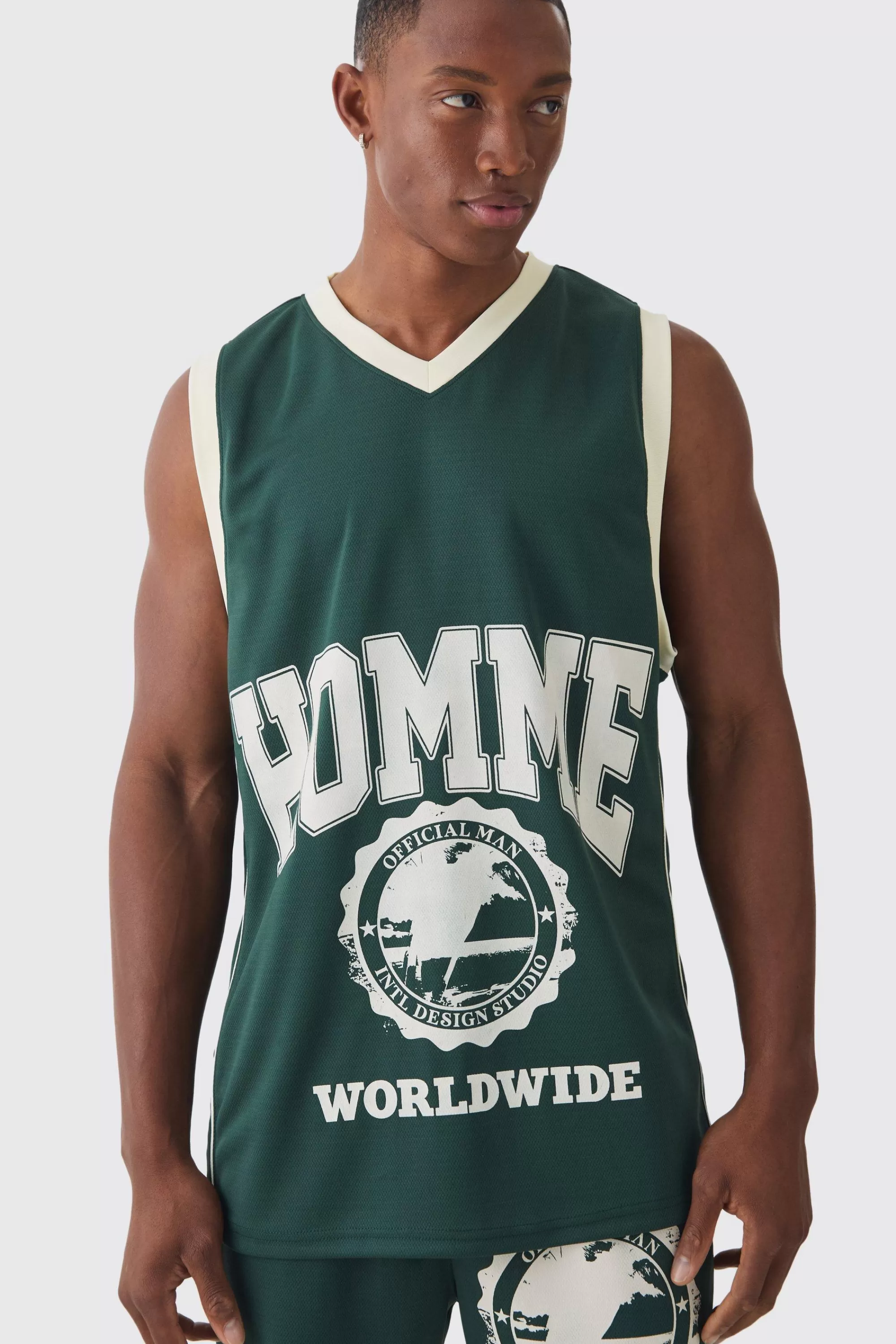 boohooMAN Mesh High Build Print & Side Panel Mesh Varsity Vest | UK forest Clearance