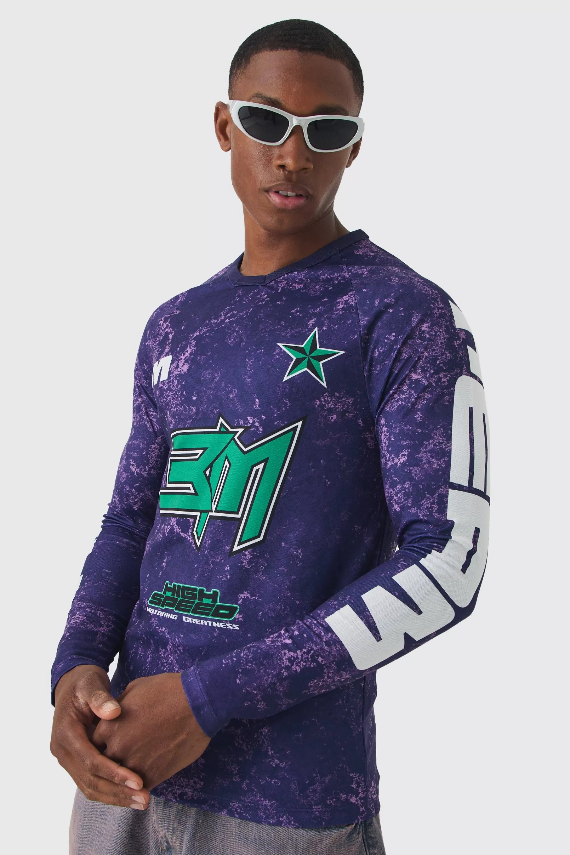 boohooMAN Muscle Fit Motorsport BHM Printed Long Sleeve Top | UK purple Best Sale