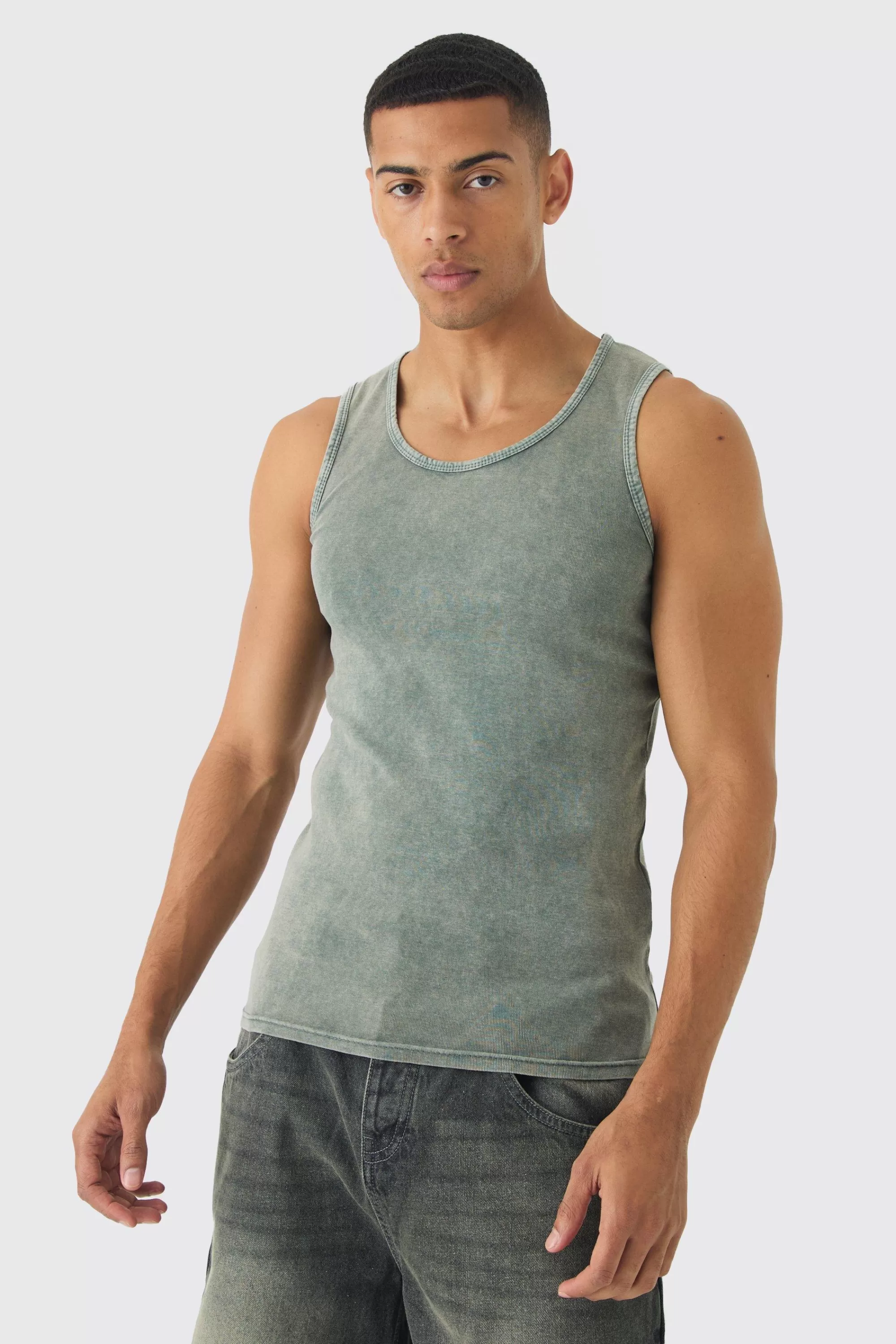 boohooMAN Muscle Fit Ribbed Acid Wash Vest | UK dark green Shop