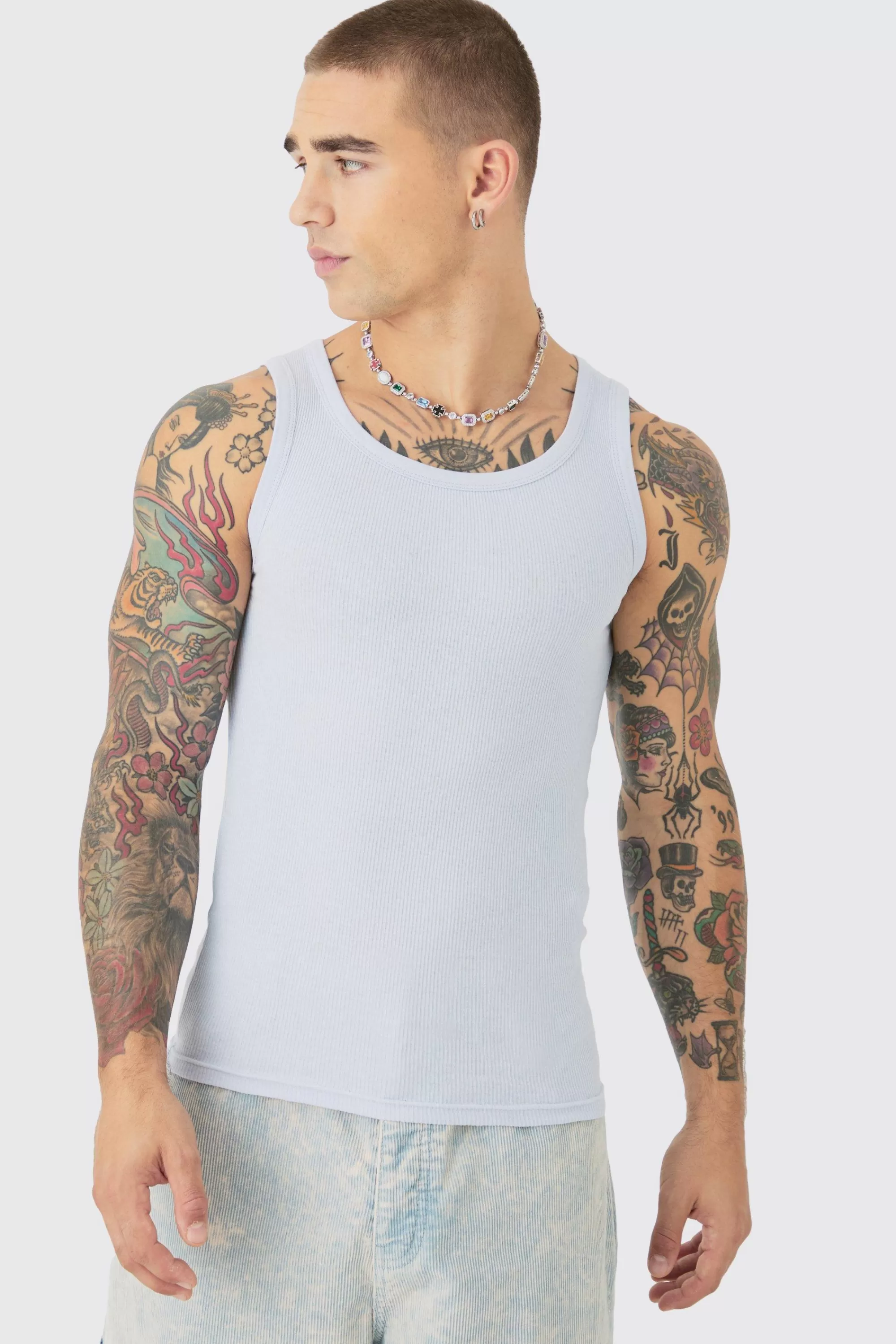 boohooMAN Muscle Fit Ribbed Vest | UK ice blue Clearance