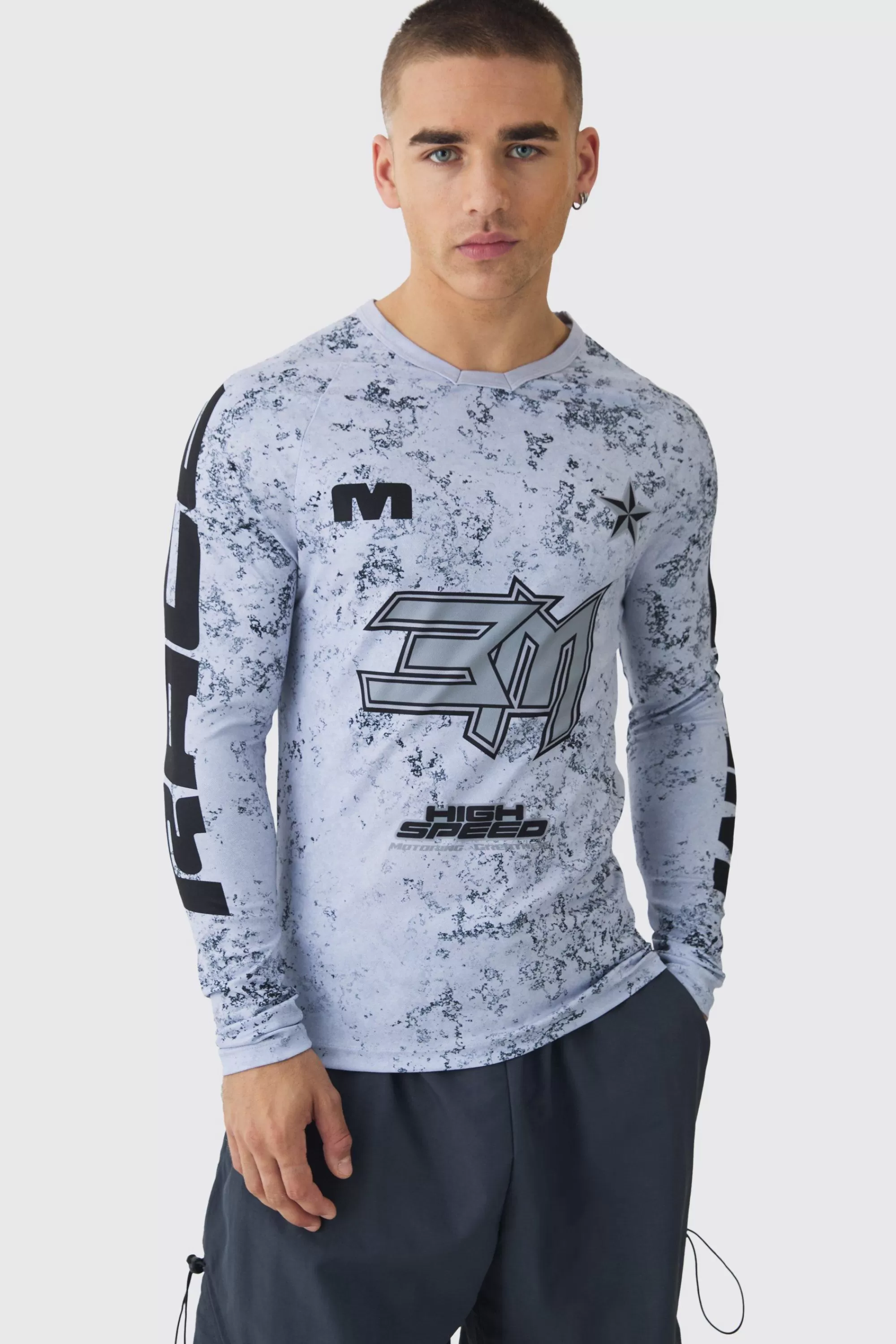 boohooMAN Muscle Motorsport BHM Printed Long Sleeve Top | UK grey Cheap