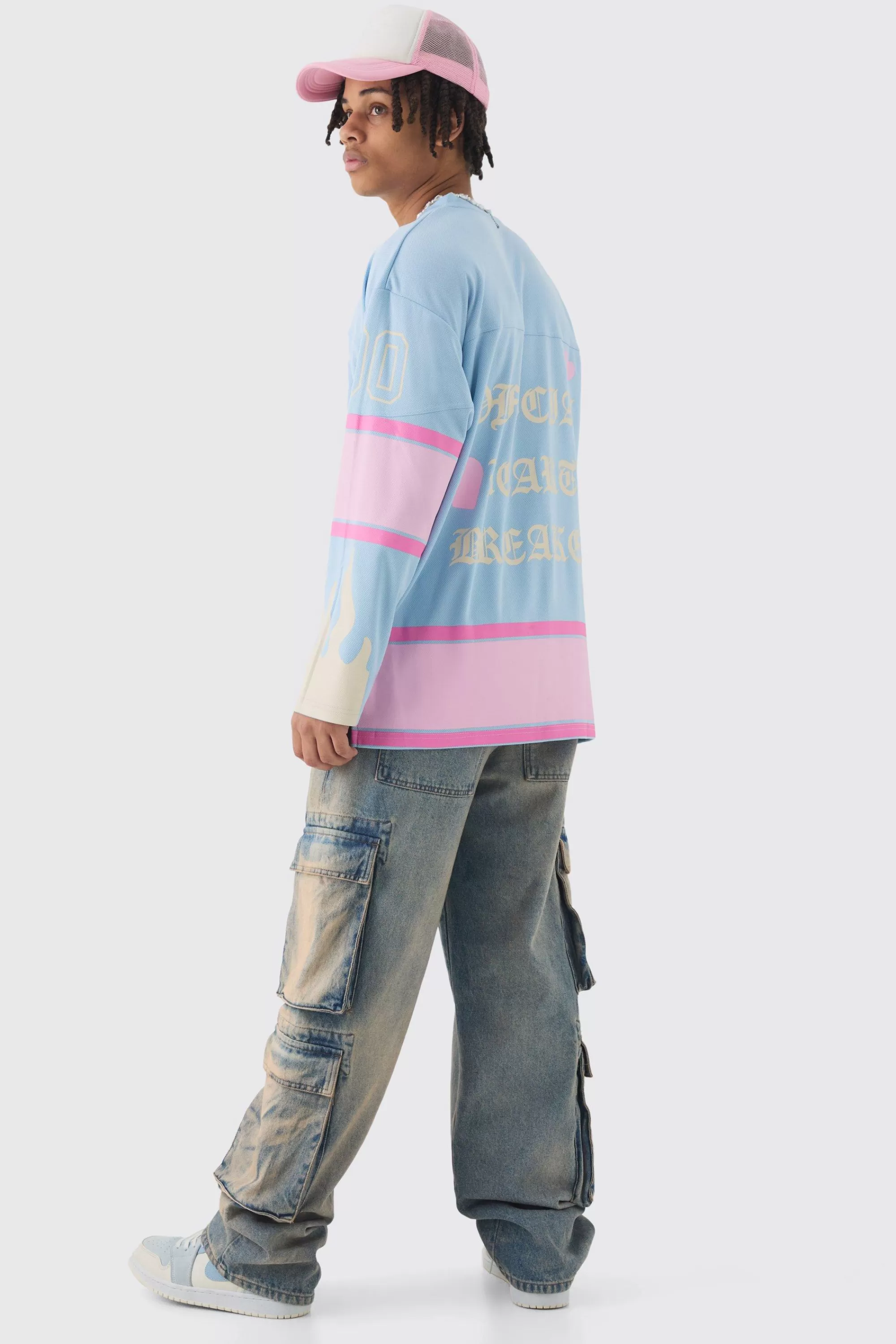 boohooMAN Official Heart Breaker Mesh Hockey Jersey Top | UK light blue Outlet