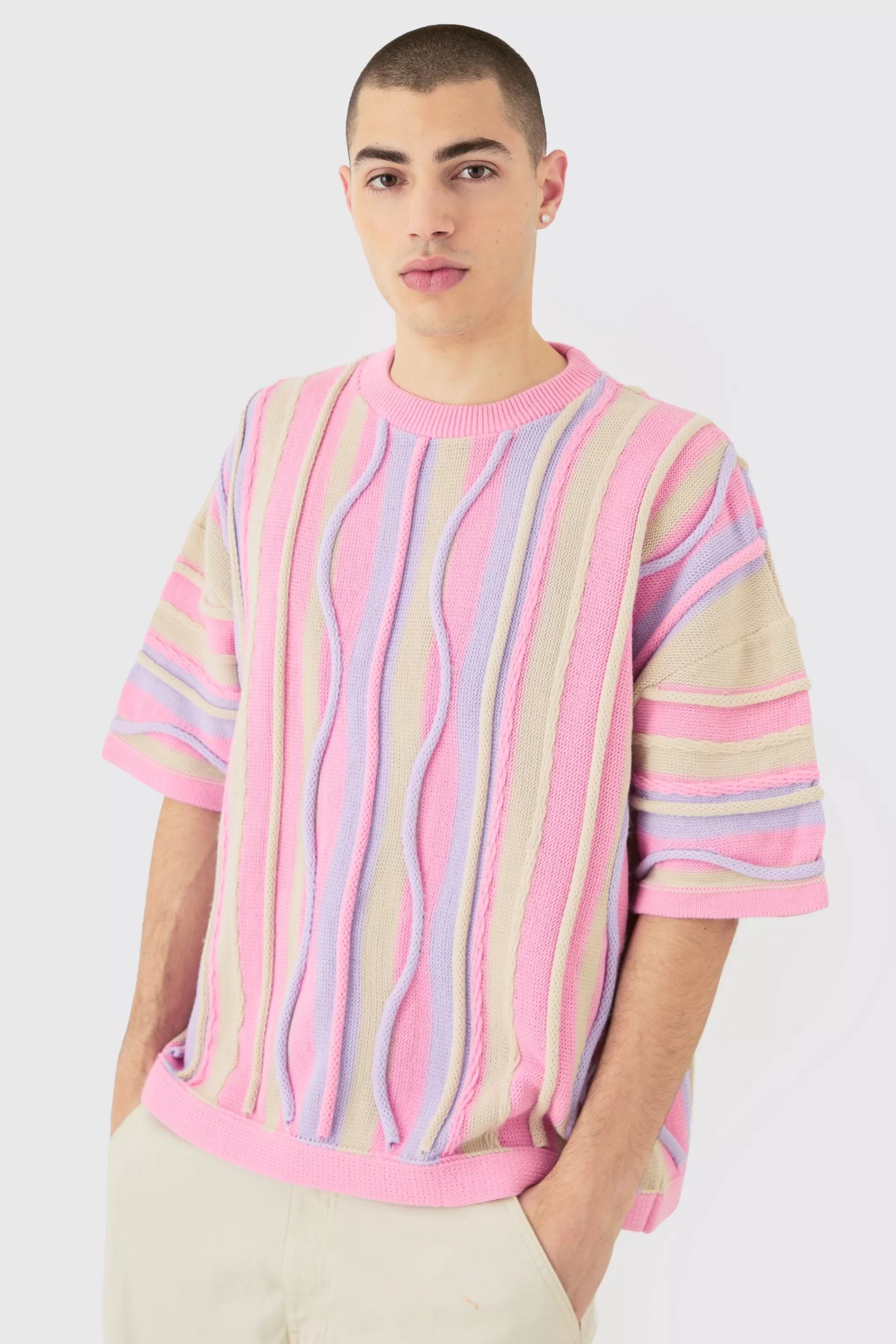 boohooMAN Oversized 3D Jacquard Knit T-shirt | UK pink Store