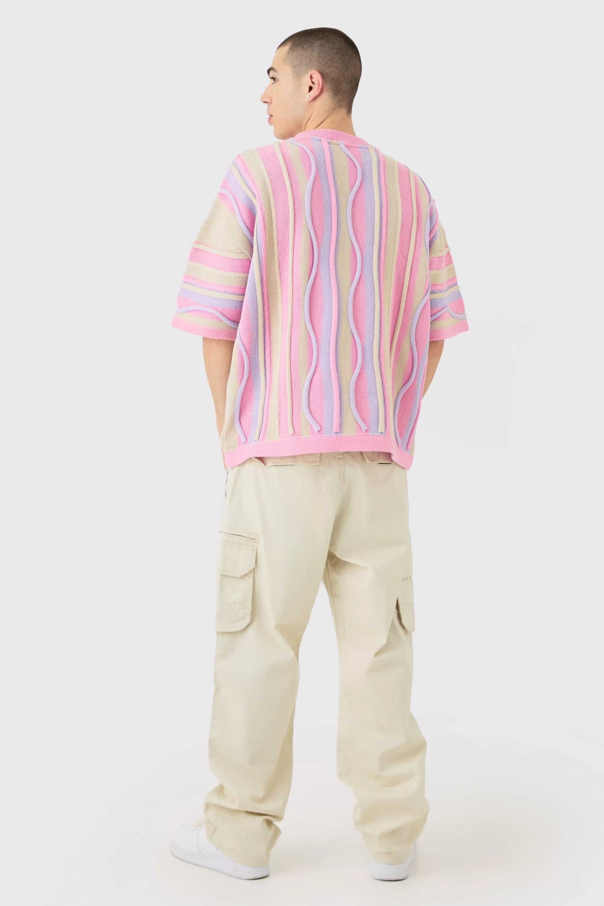 boohooMAN Oversized 3D Jacquard Knit T-shirt | UK pink Store