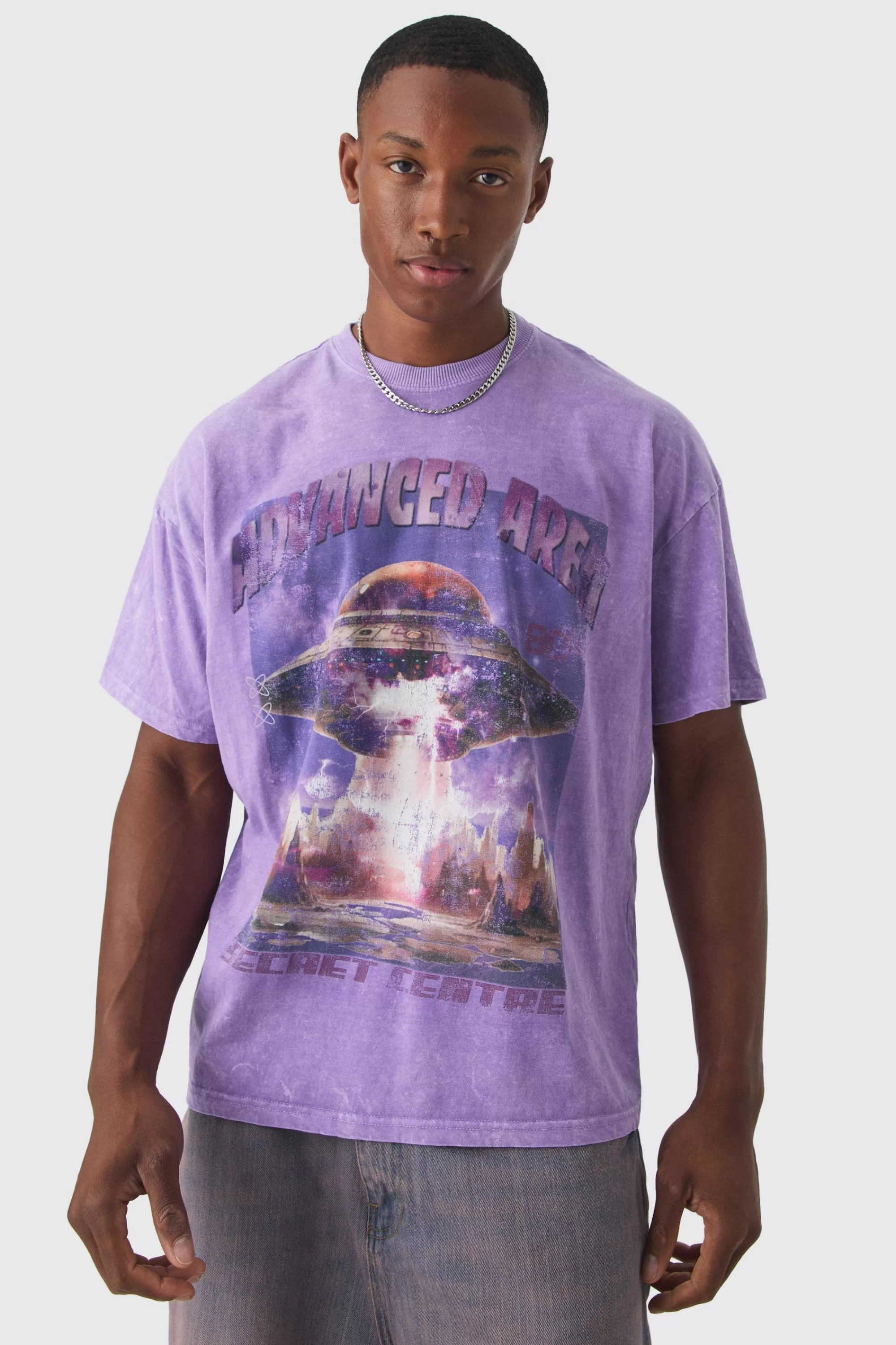 boohooMAN Oversized Advanced Area Acid Wash Print T-shirt | UK purple Outlet