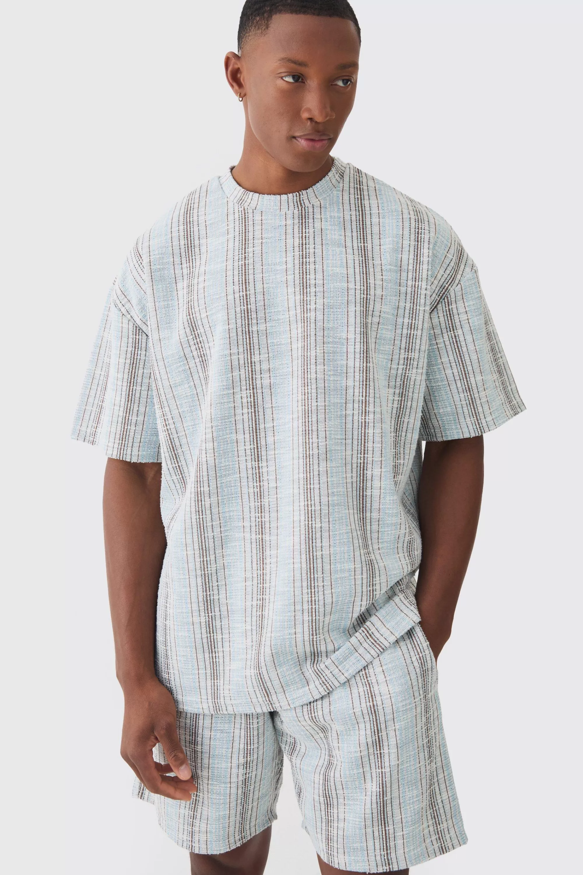 boohooMAN Oversized Boucle Stripe T-shirt | UK dusty blue Sale