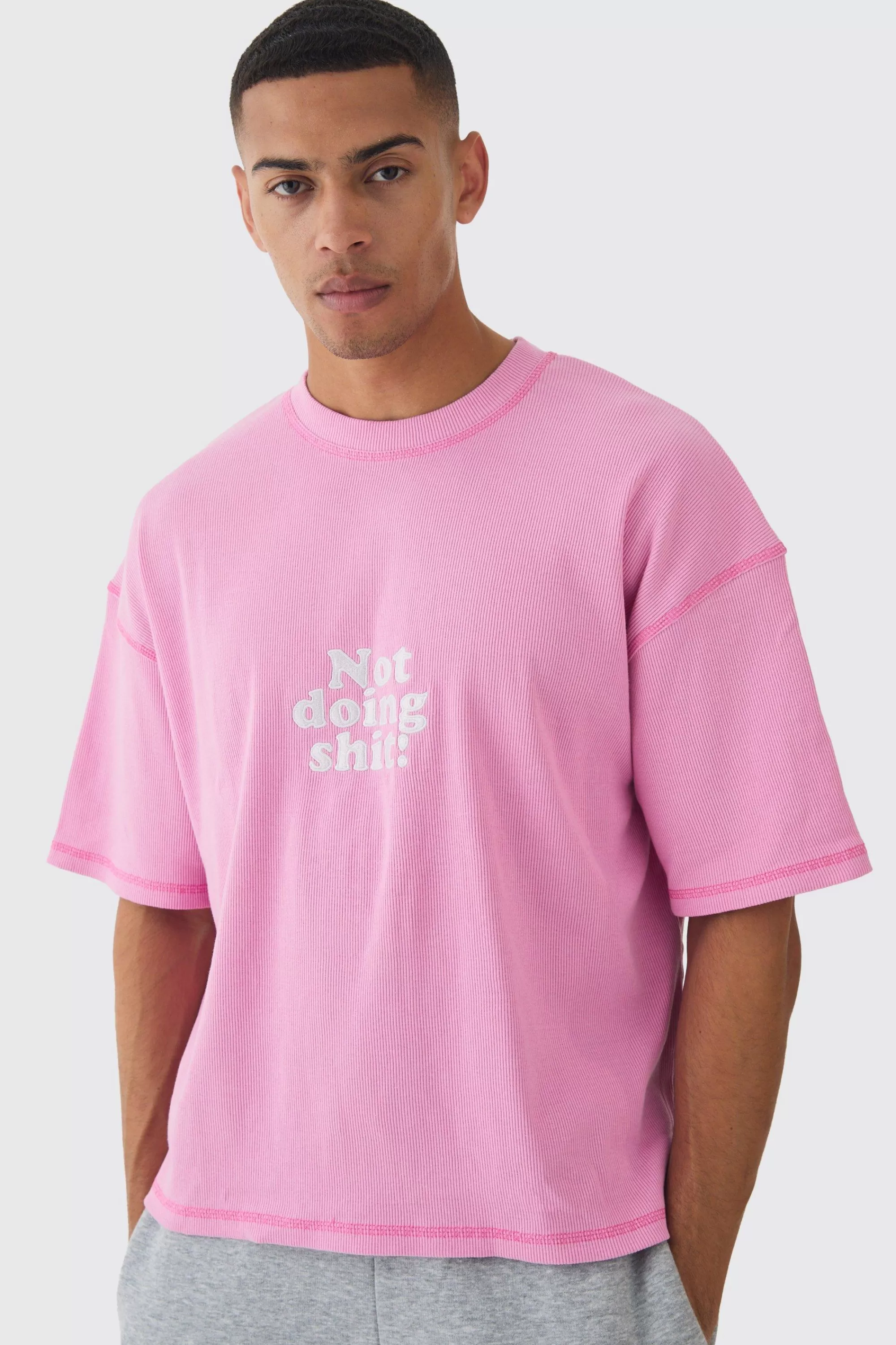 boohooMAN Oversized Boxy Acid Wash Ribbed Slogan T-shirt | UK light pink Cheap