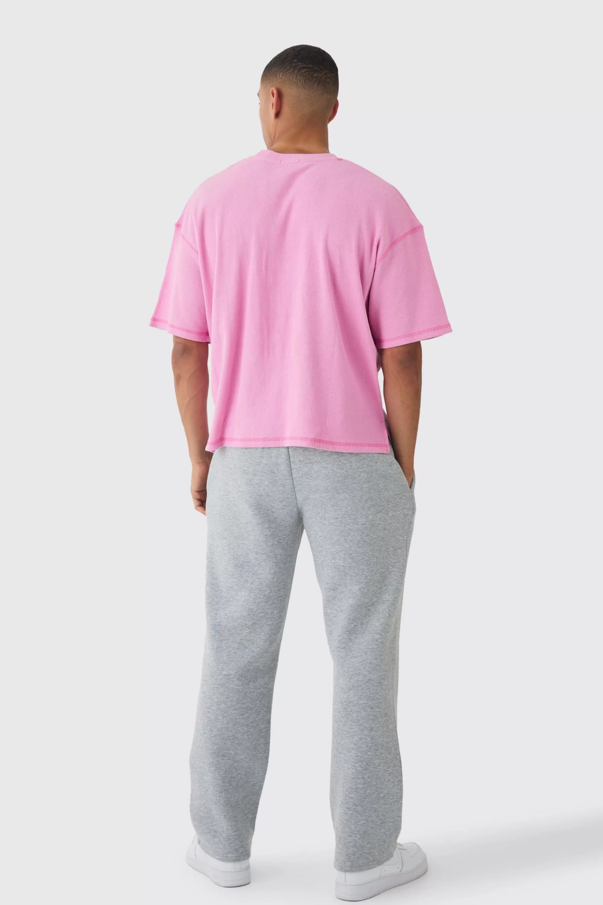 boohooMAN Oversized Boxy Acid Wash Ribbed Slogan T-shirt | UK light pink Cheap