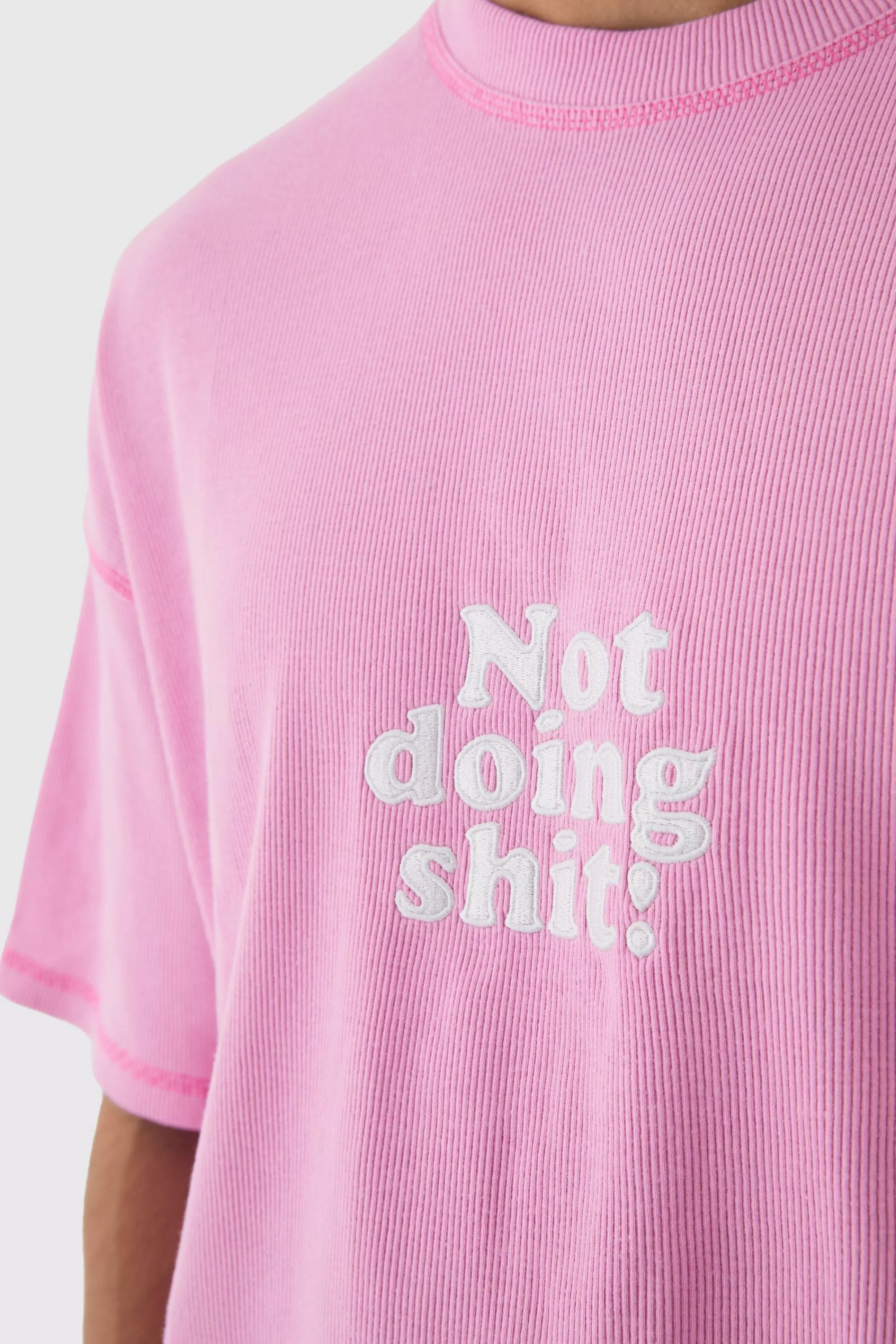 boohooMAN Oversized Boxy Acid Wash Ribbed Slogan T-shirt | UK light pink Cheap