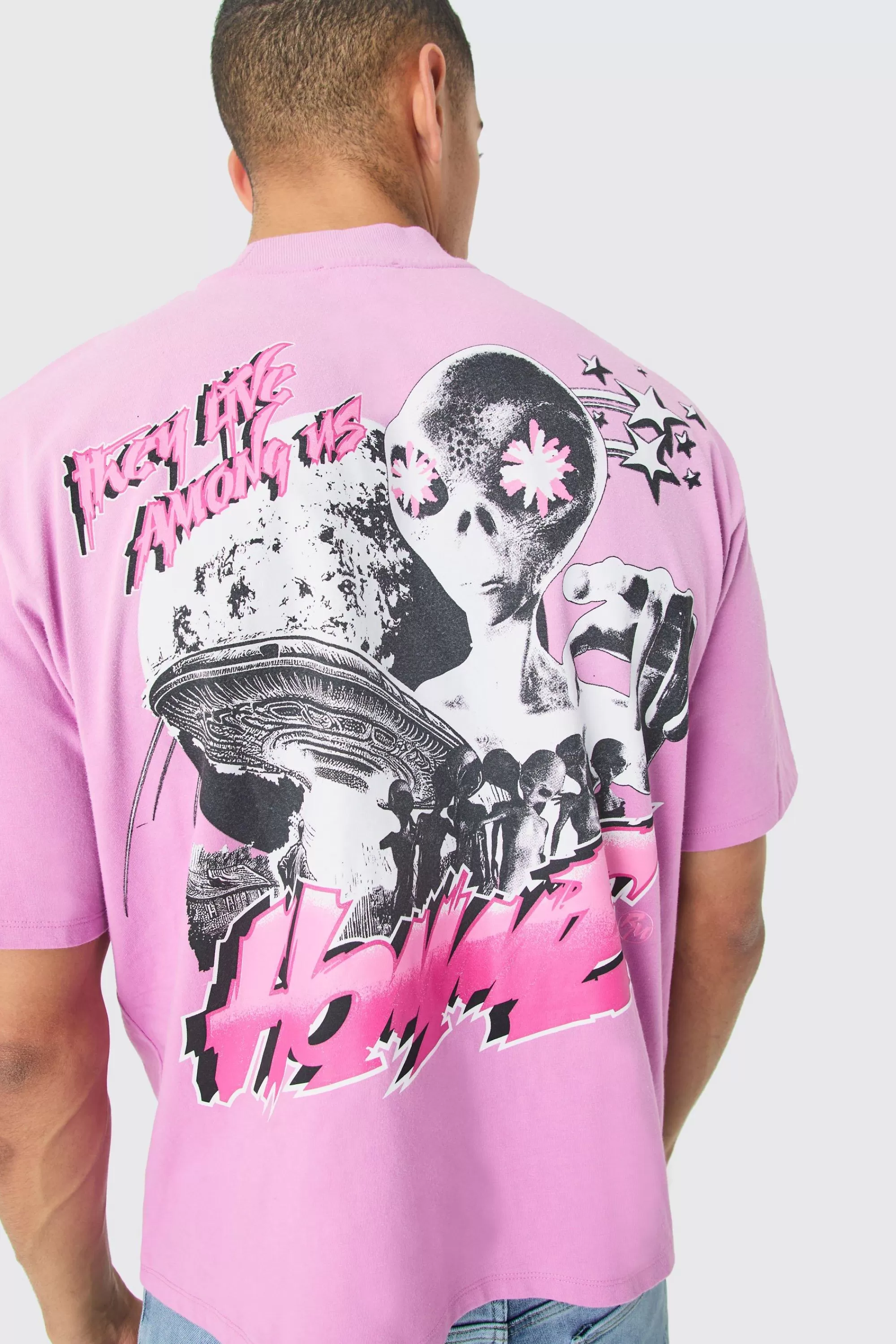 boohooMAN Oversized Boxy Alien Heavyweight Washed T-shirt | UK pink Cheap