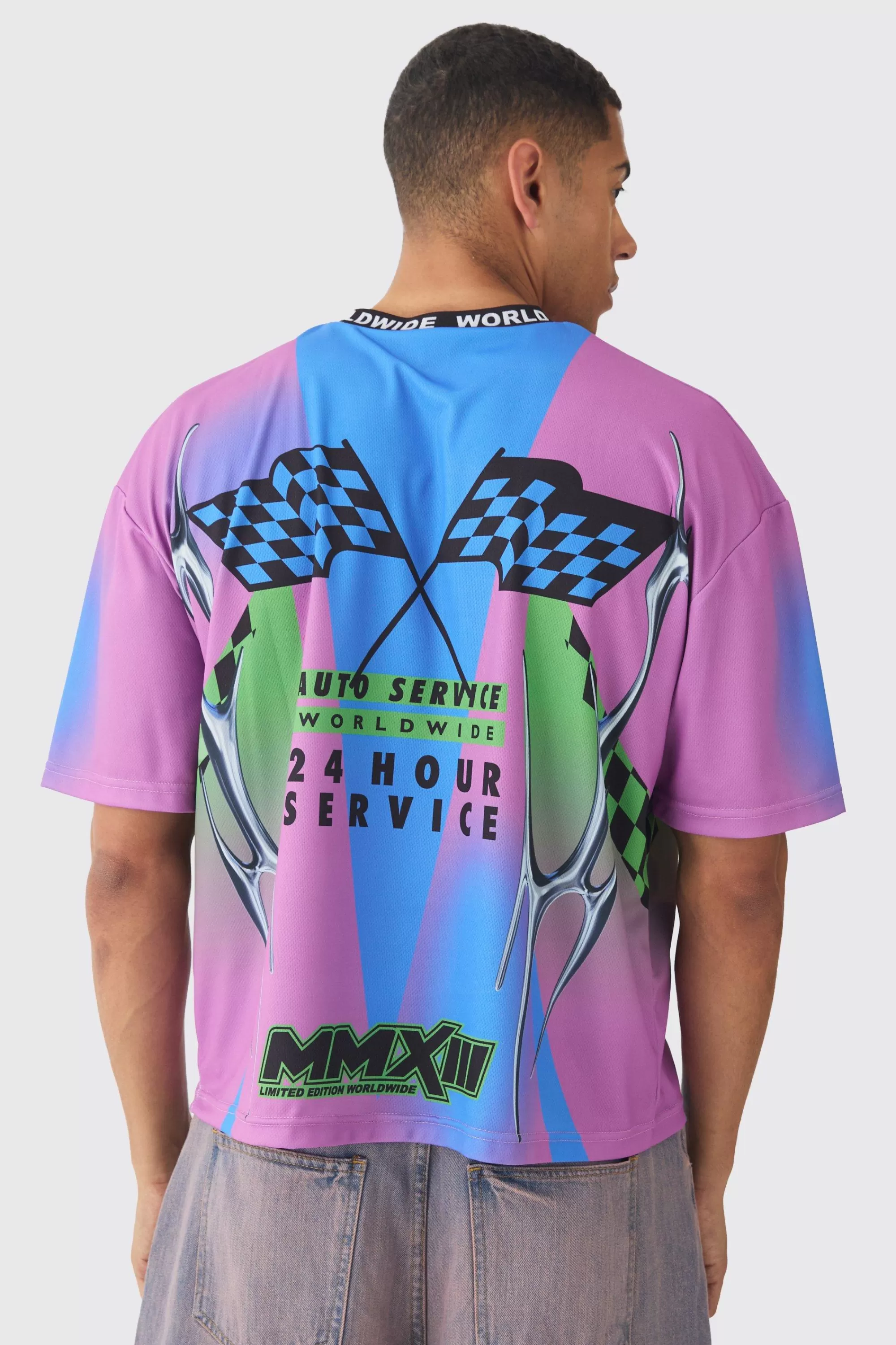 boohooMAN Oversized Boxy Closed Mesh Graffiti Moto Jacquard Neck T-shirt | UK purple Best Sale