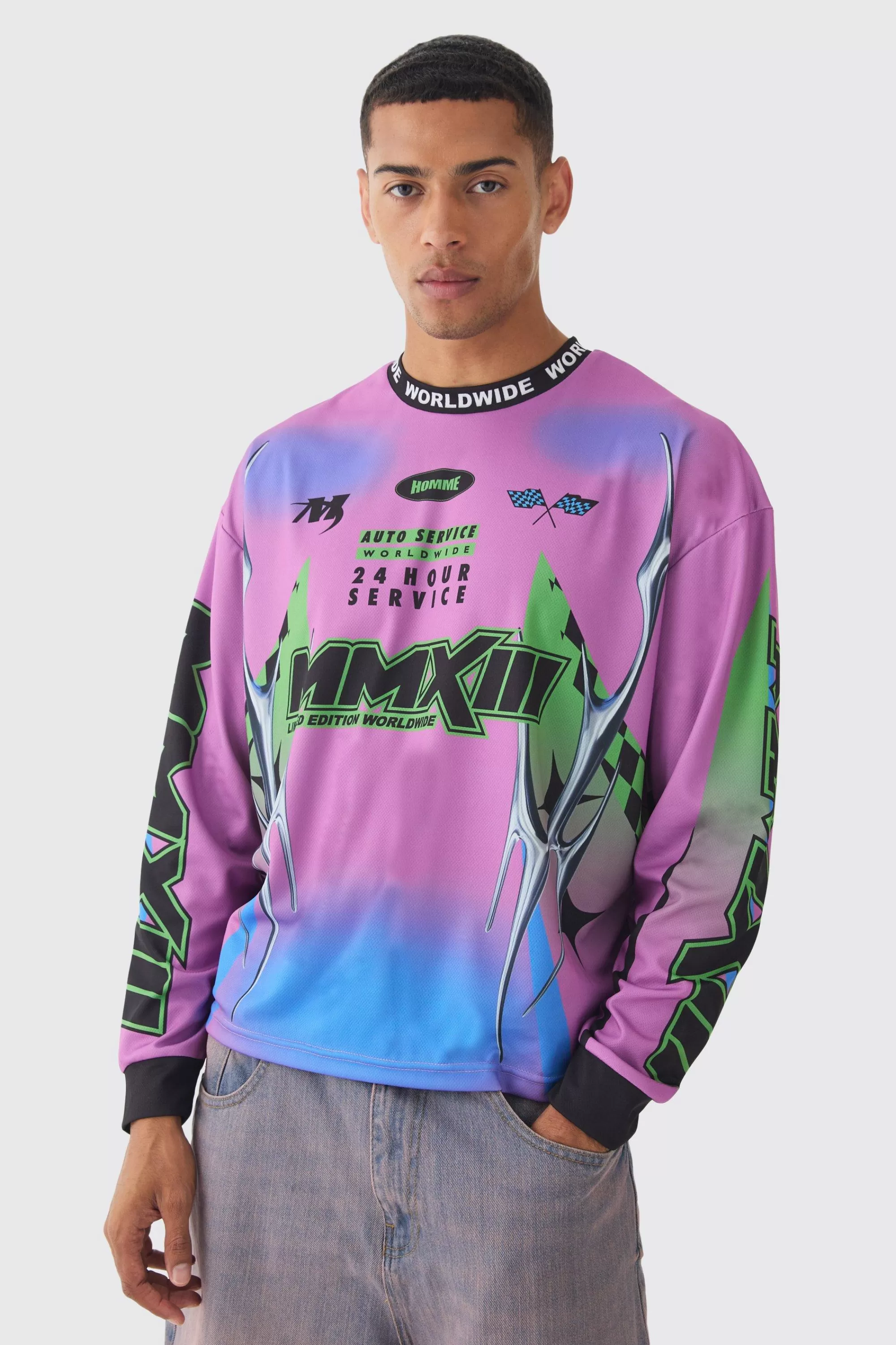 boohooMAN Oversized Boxy Closed Mesh Graffiti Moto Jacquard Neck T-shirt | UK purple Flash Sale