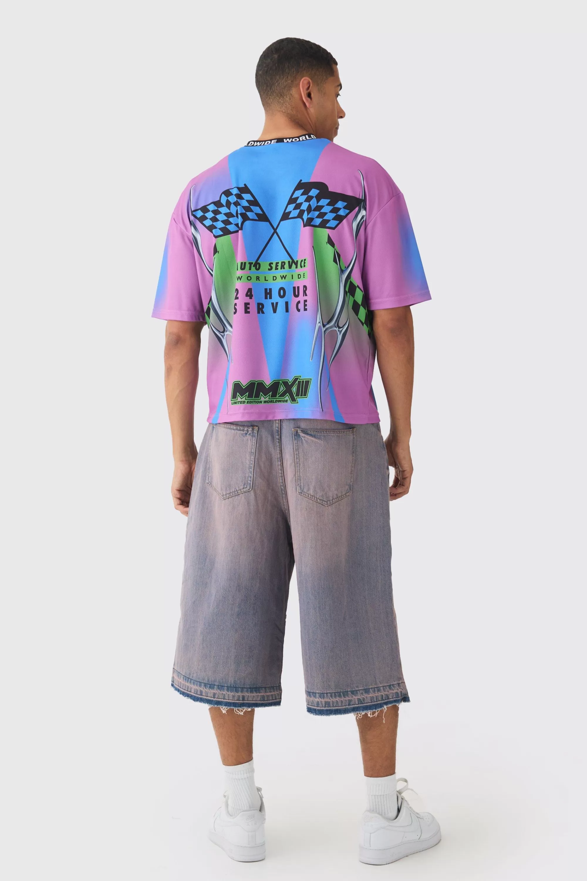 boohooMAN Oversized Boxy Closed Mesh Graffiti Moto Jacquard Neck T-shirt | UK purple Best Sale