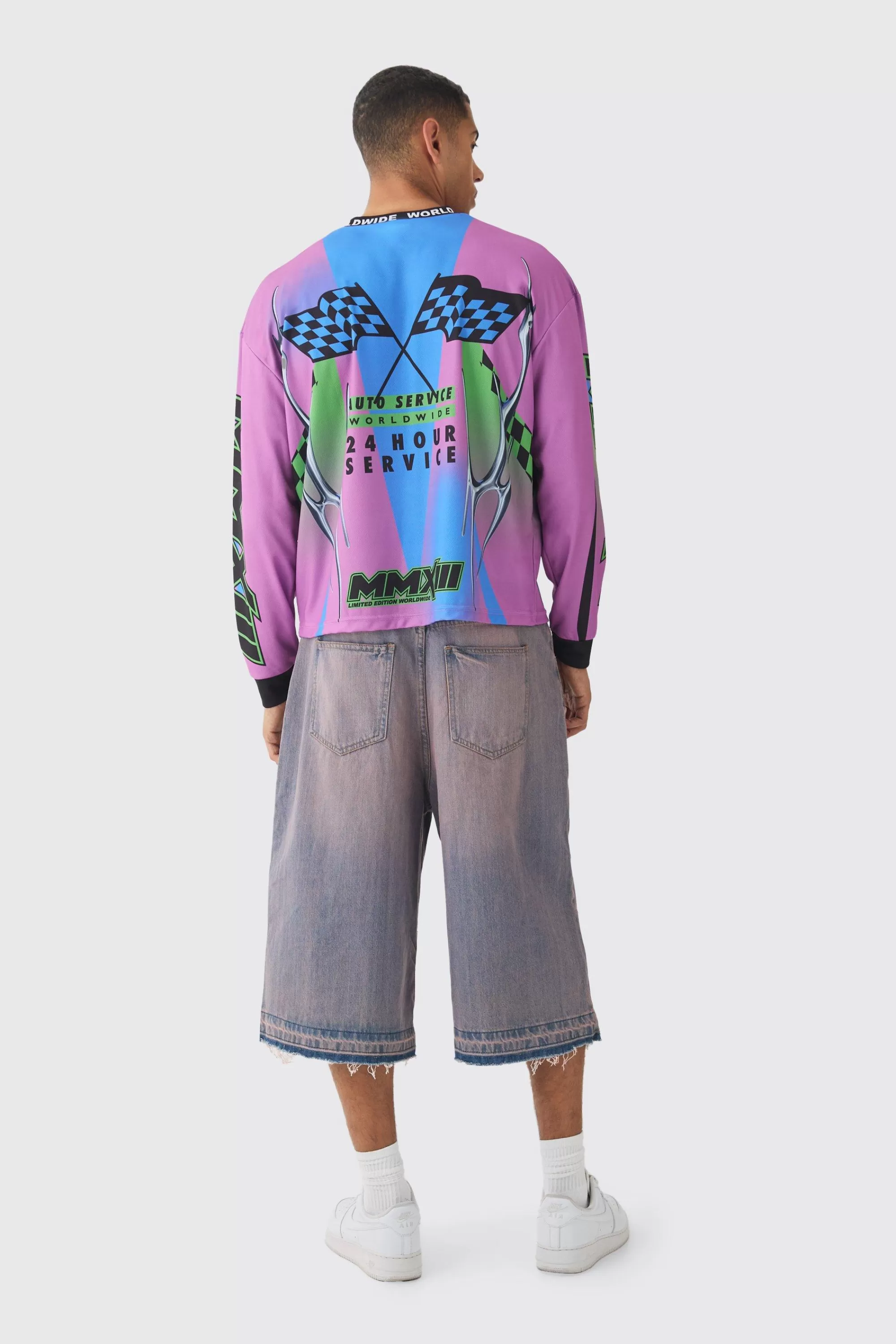boohooMAN Oversized Boxy Closed Mesh Graffiti Moto Jacquard Neck T-shirt | UK purple Flash Sale