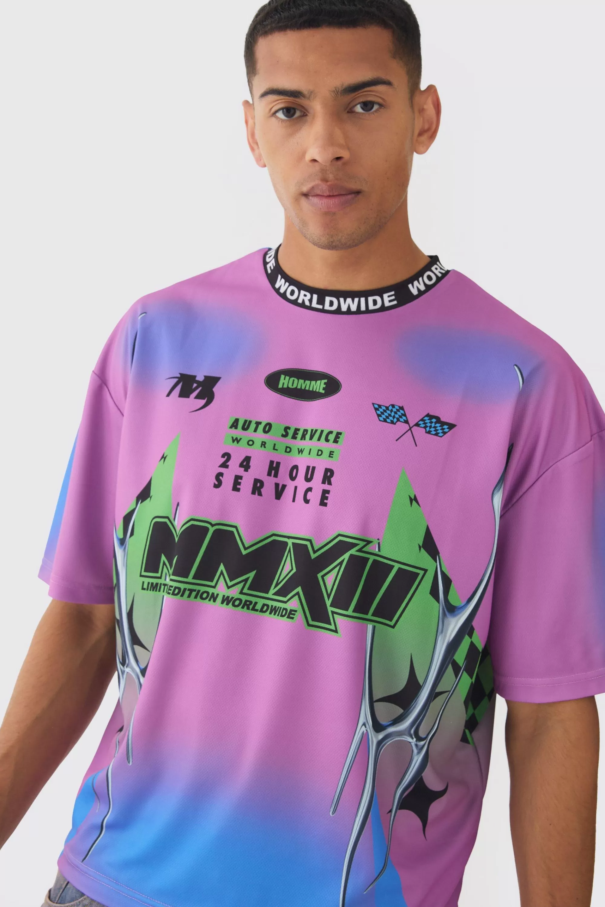 boohooMAN Oversized Boxy Closed Mesh Graffiti Moto Jacquard Neck T-shirt | UK purple Best Sale
