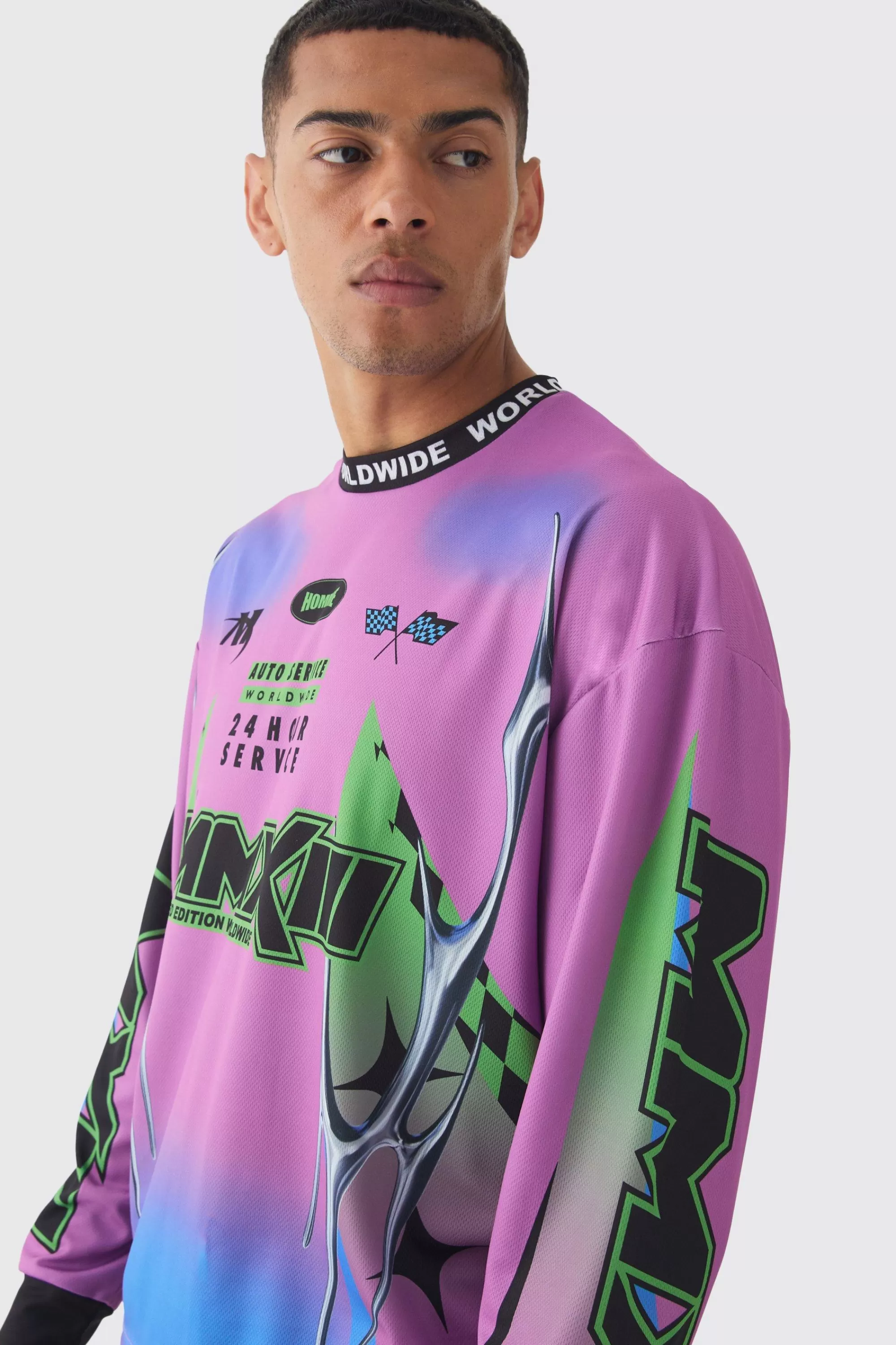 boohooMAN Oversized Boxy Closed Mesh Graffiti Moto Jacquard Neck T-shirt | UK purple Flash Sale