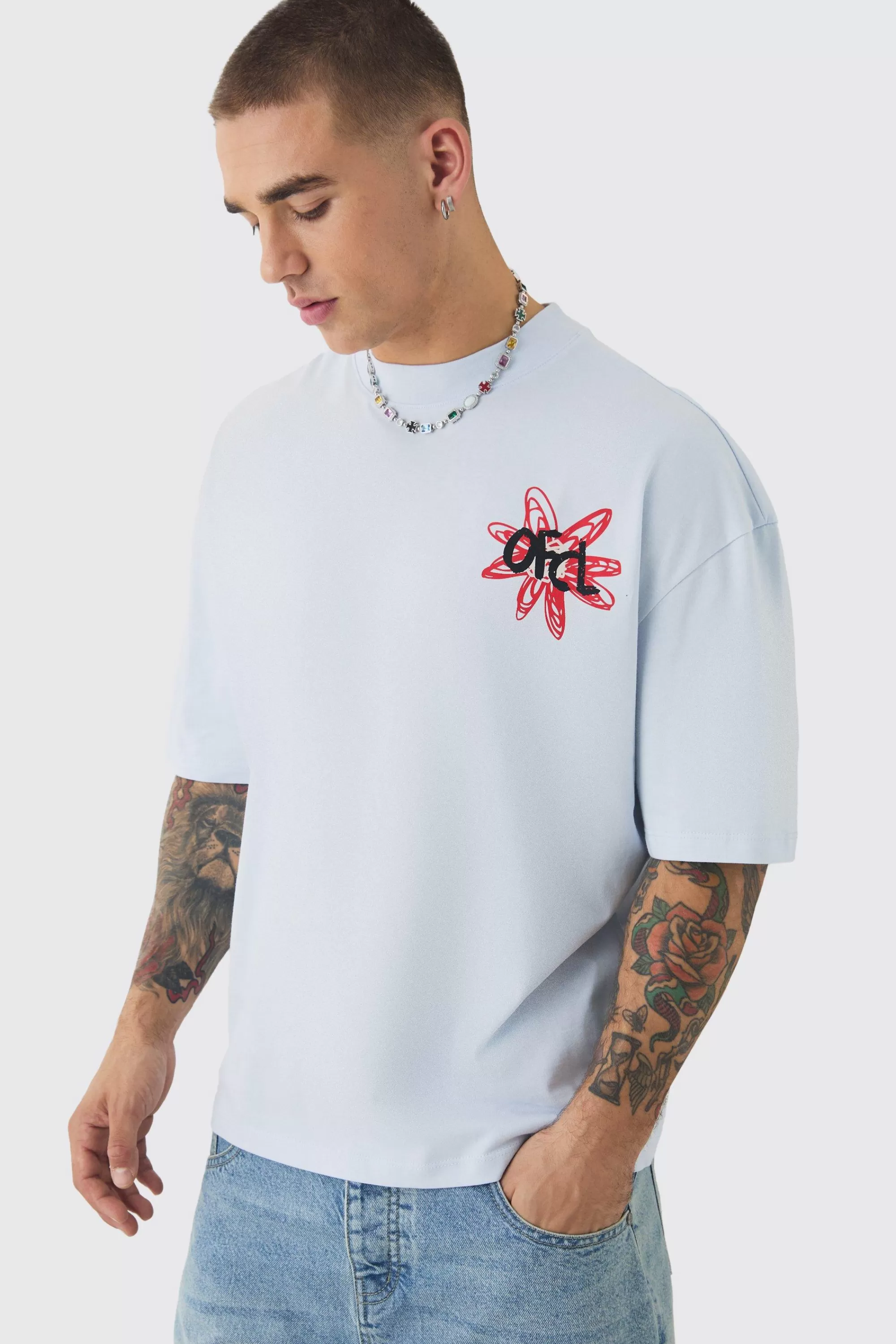 boohooMAN Oversized Boxy Extended Neck Floral T-shirt | UK ice blue Cheap