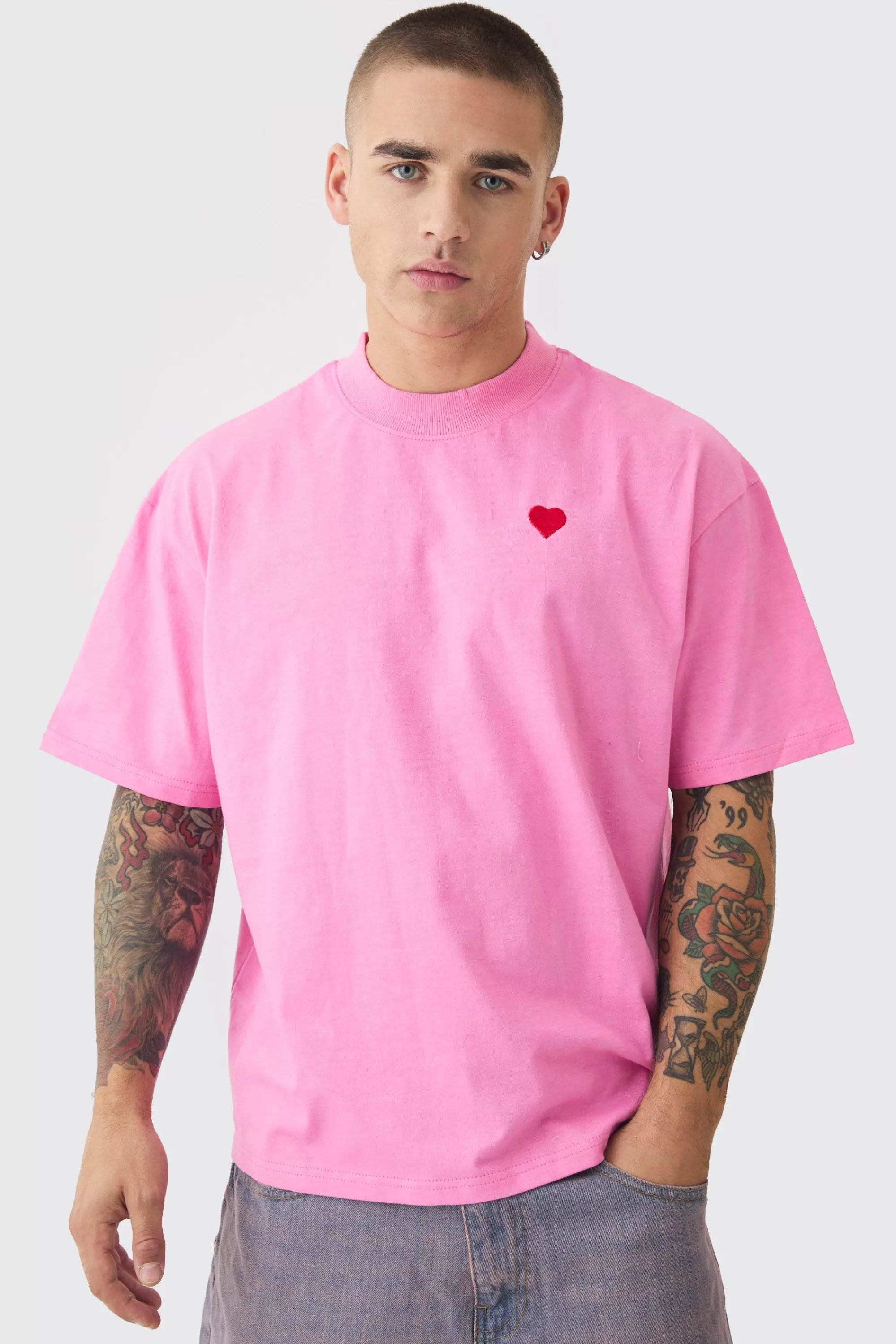 boohooMAN Oversized Boxy Extended Neck Heart Embroidered T-shirt | UK light pink Online