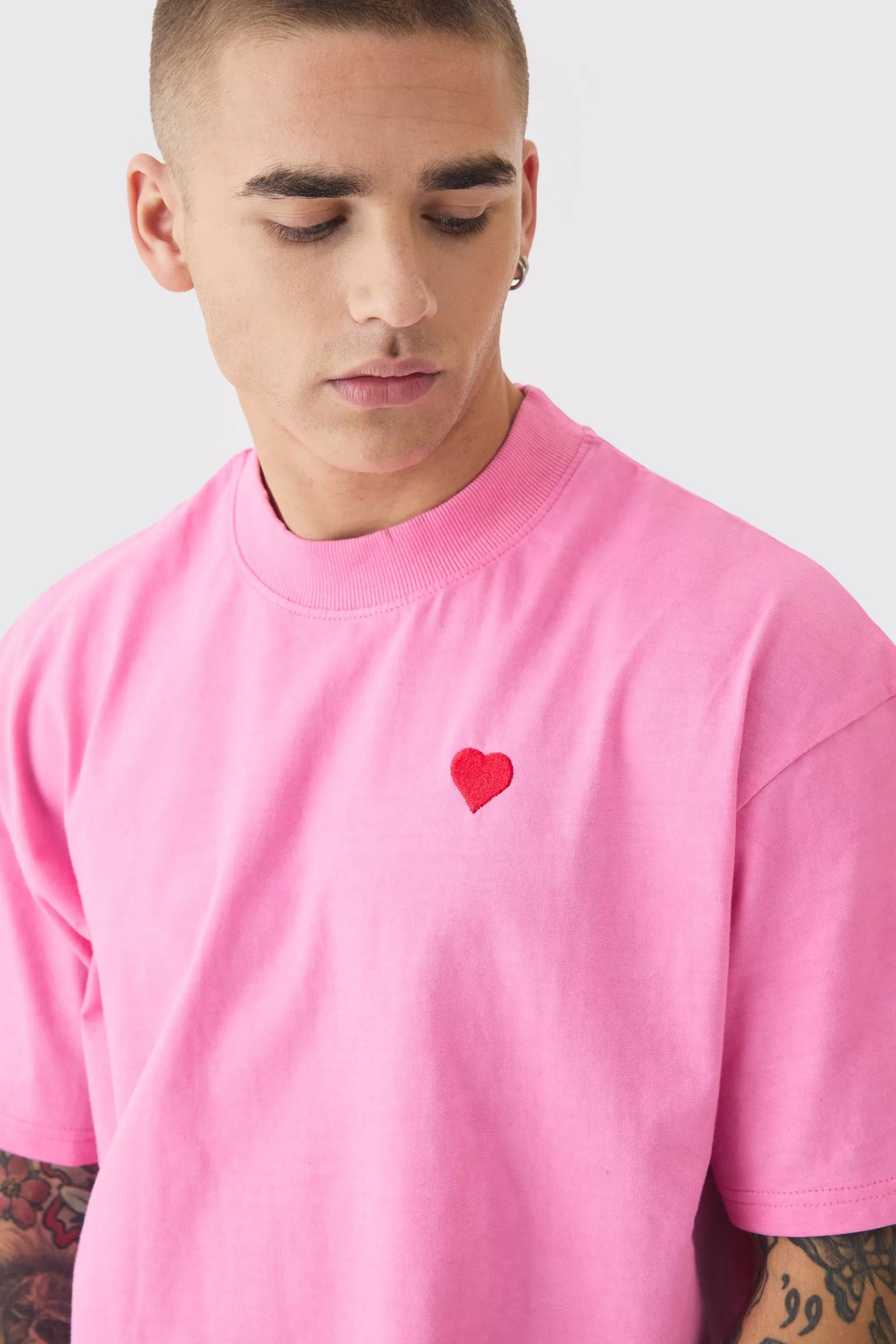 boohooMAN Oversized Boxy Extended Neck Heart Embroidered T-shirt | UK light pink Online