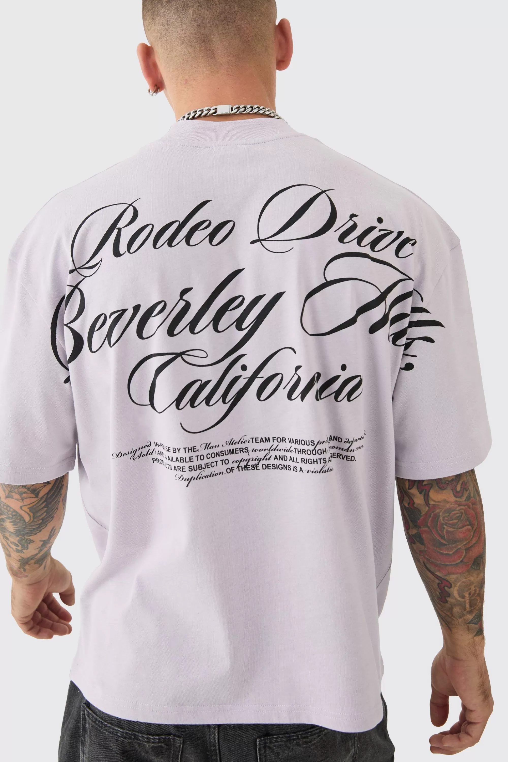 boohooMAN Oversized Boxy Extended Neck Heavyweight Rodeo Drive Back Print T-shirt | UK lilac Store