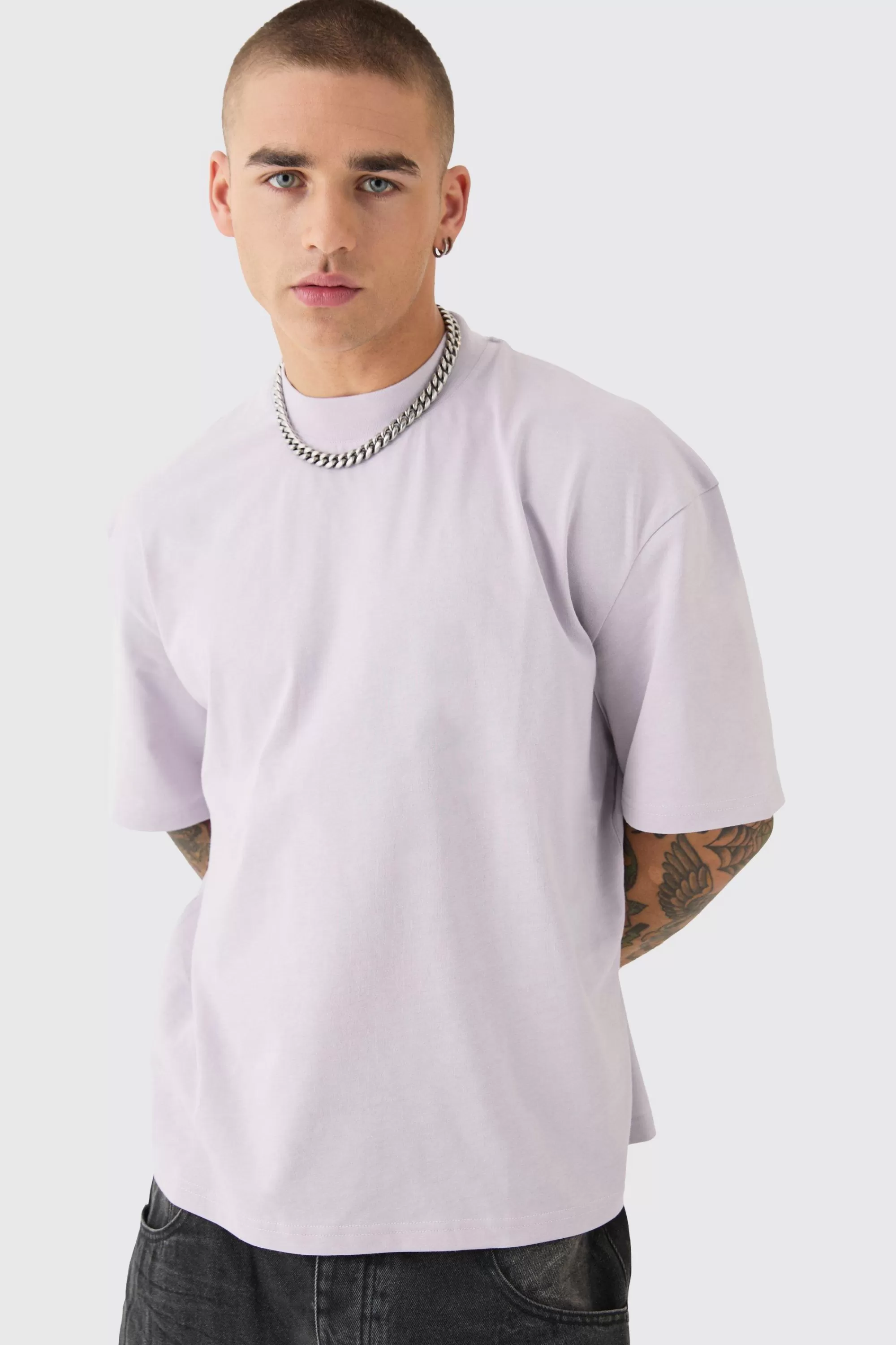boohooMAN Oversized Boxy Extended Neck Heavyweight Rodeo Drive Back Print T-shirt | UK lilac Store