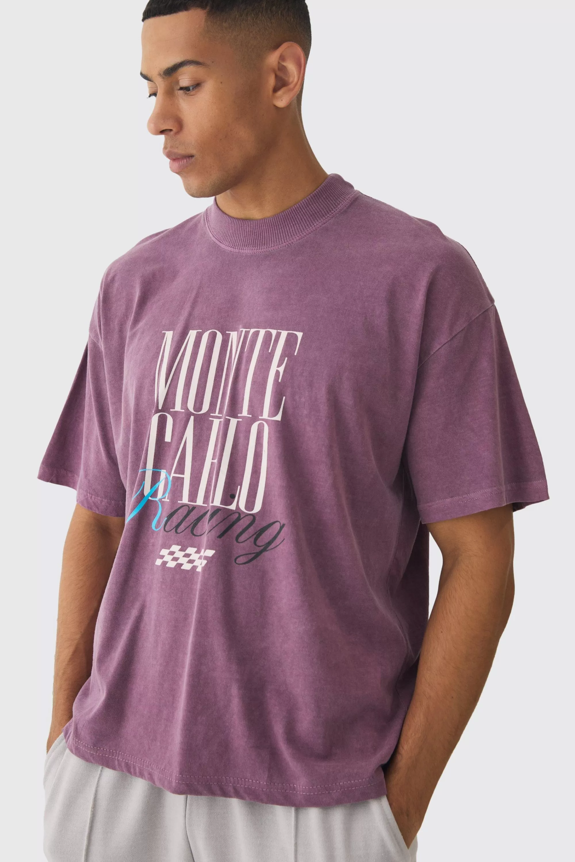 boohooMAN Oversized Boxy Extended Neck Monte Carlo Print Wash T-Shirt | UK burgundy Best