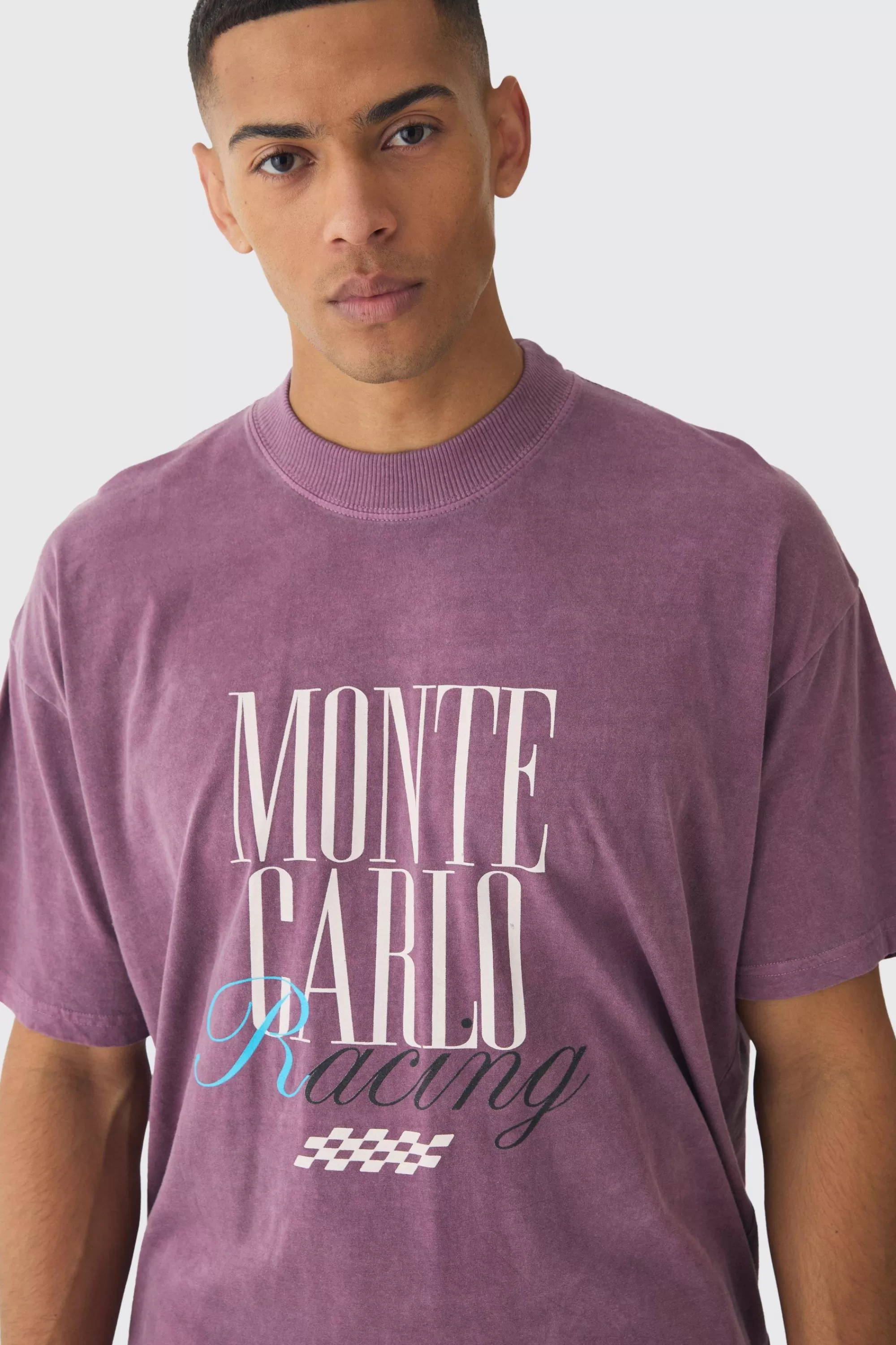 boohooMAN Oversized Boxy Extended Neck Monte Carlo Print Wash T-Shirt | UK burgundy Best