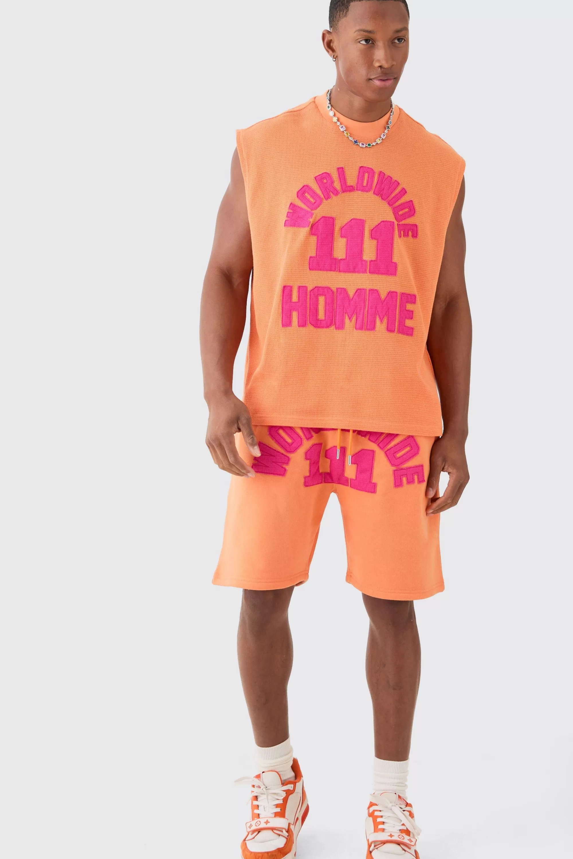 boohooMAN Oversized Boxy Extended Waffle Applique Tank & Shorts Set | UK orange Store