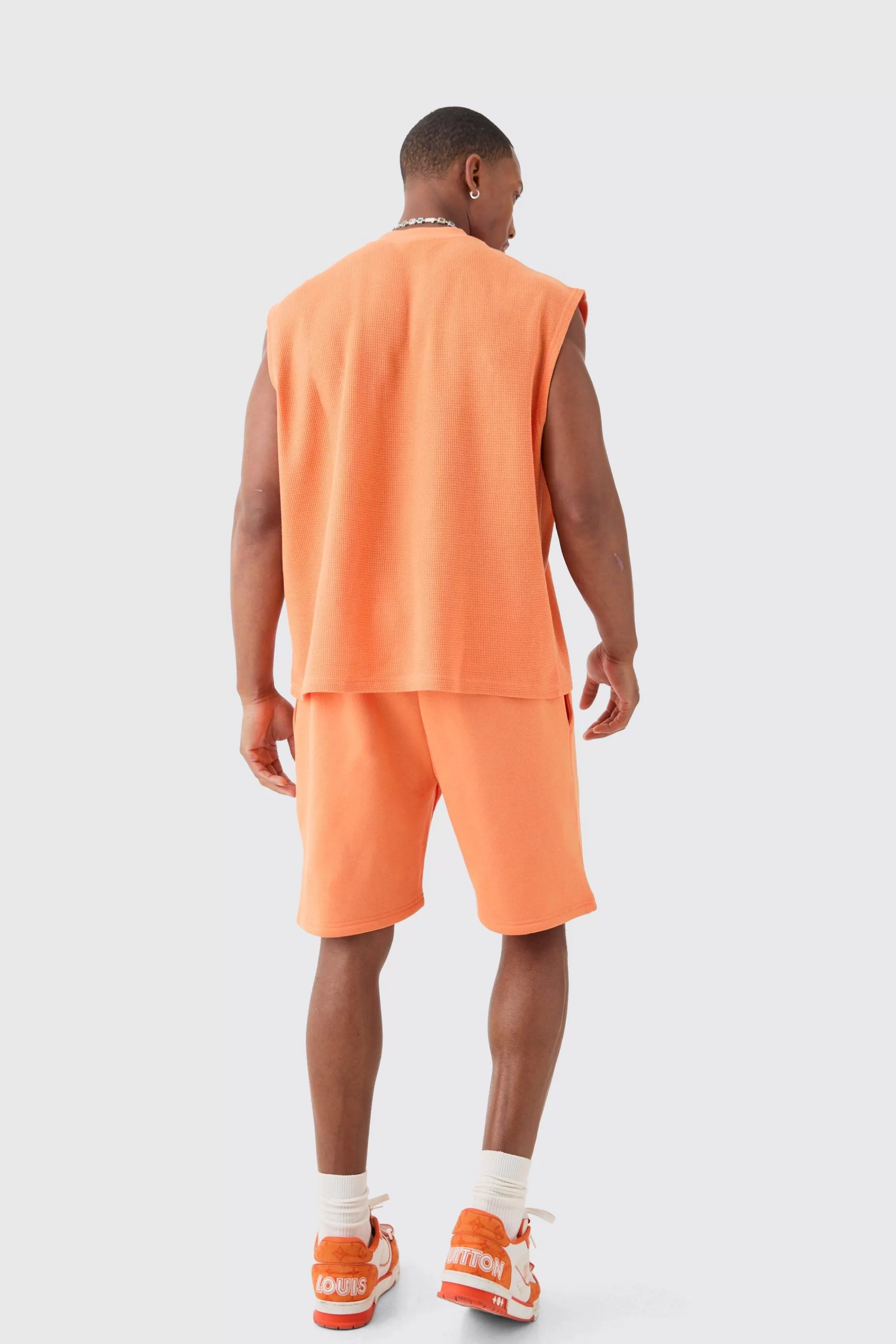 boohooMAN Oversized Boxy Extended Waffle Applique Tank & Shorts Set | UK orange Store