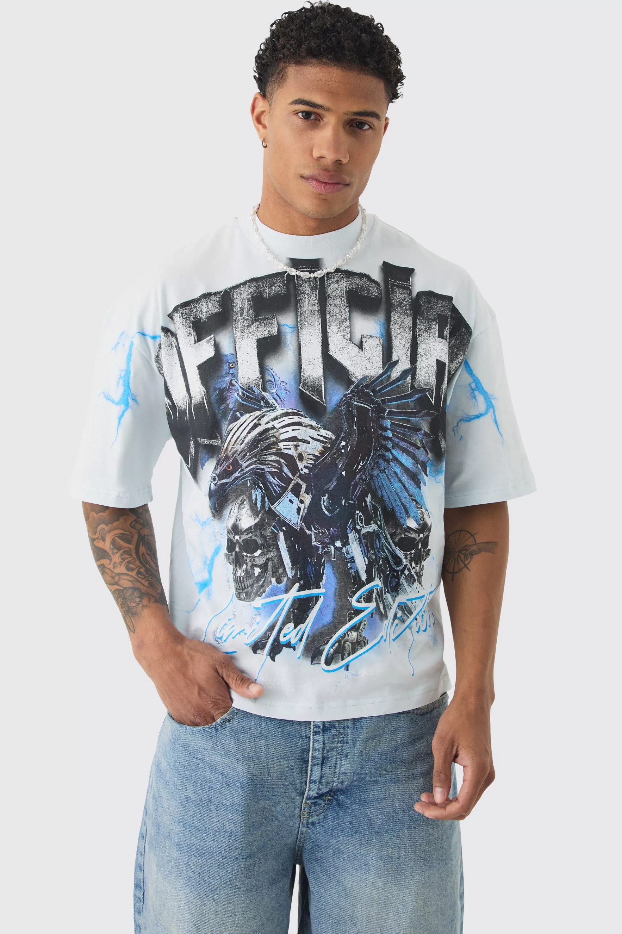 boohooMAN Oversized Boxy Extreme Official T-shirt | UK light blue New