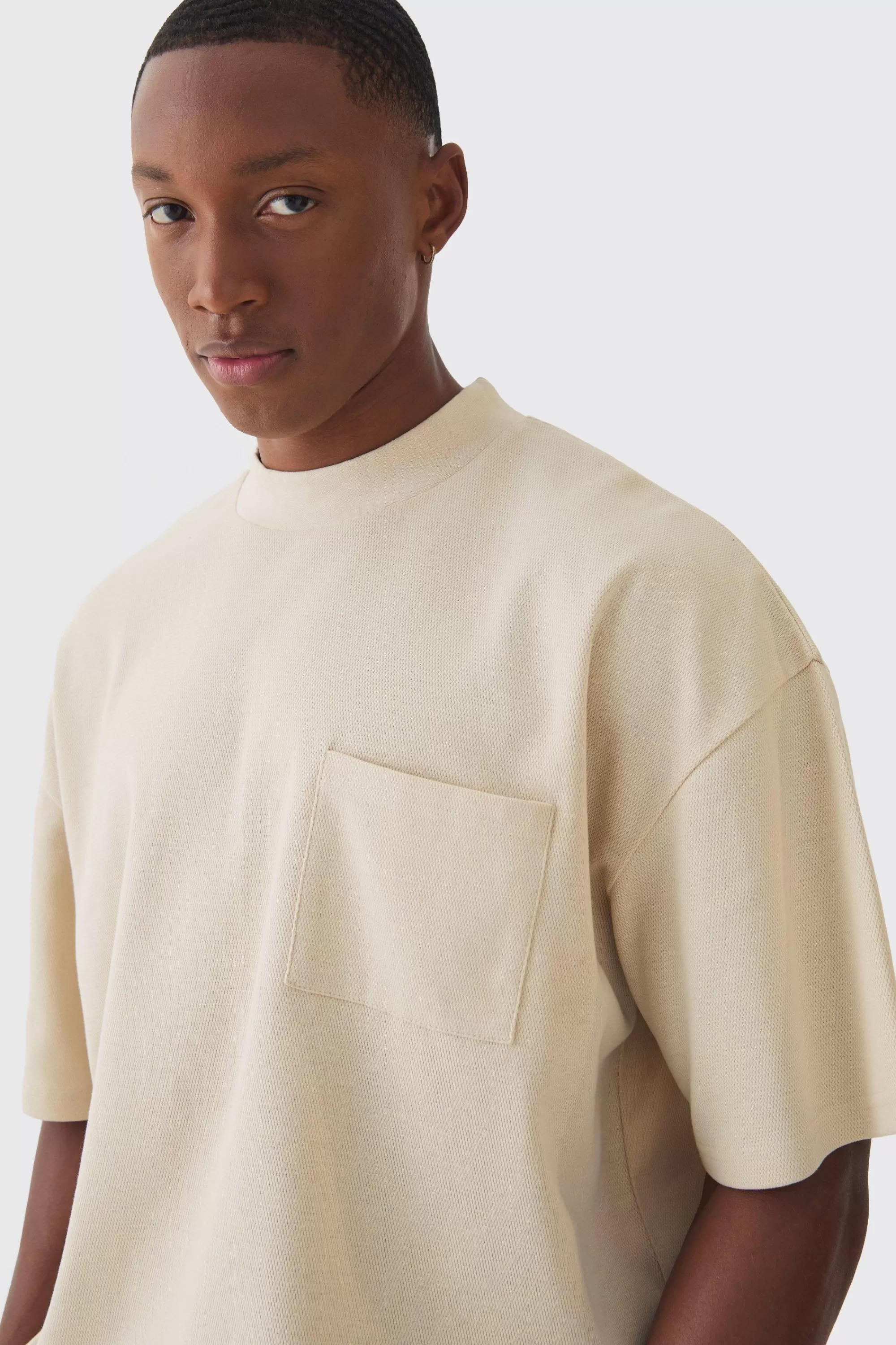 boohooMAN Oversized Boxy Fit Double Knit Mesh T-shirt | UK beige Cheap