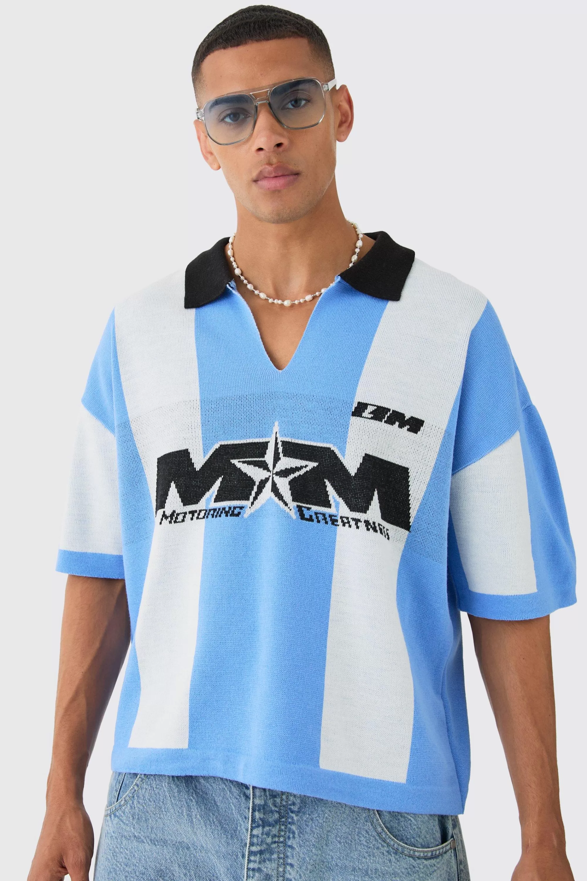 boohooMAN Oversized Boxy Football Knitted Top | UK light blue Discount