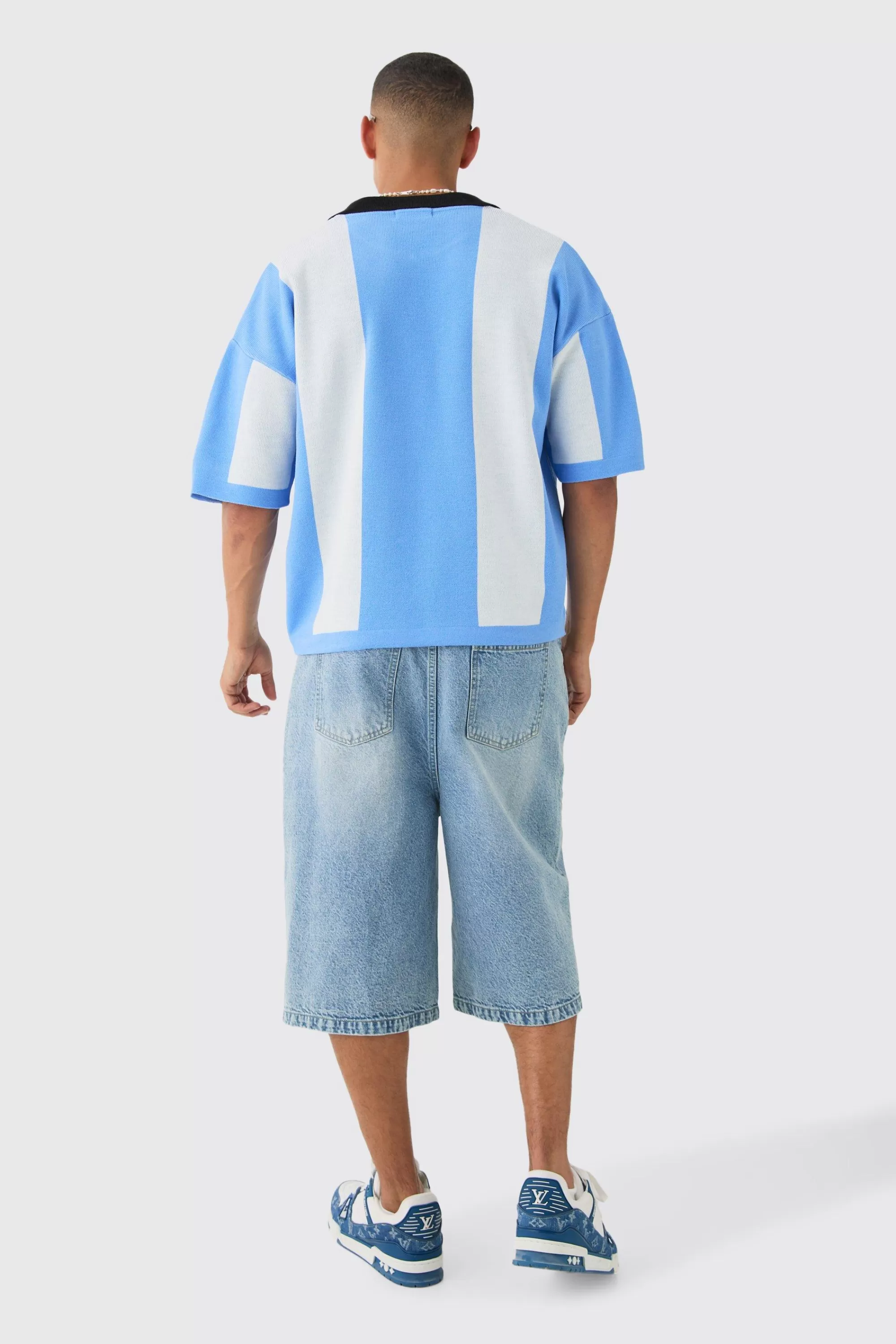 boohooMAN Oversized Boxy Football Knitted Top | UK light blue Discount