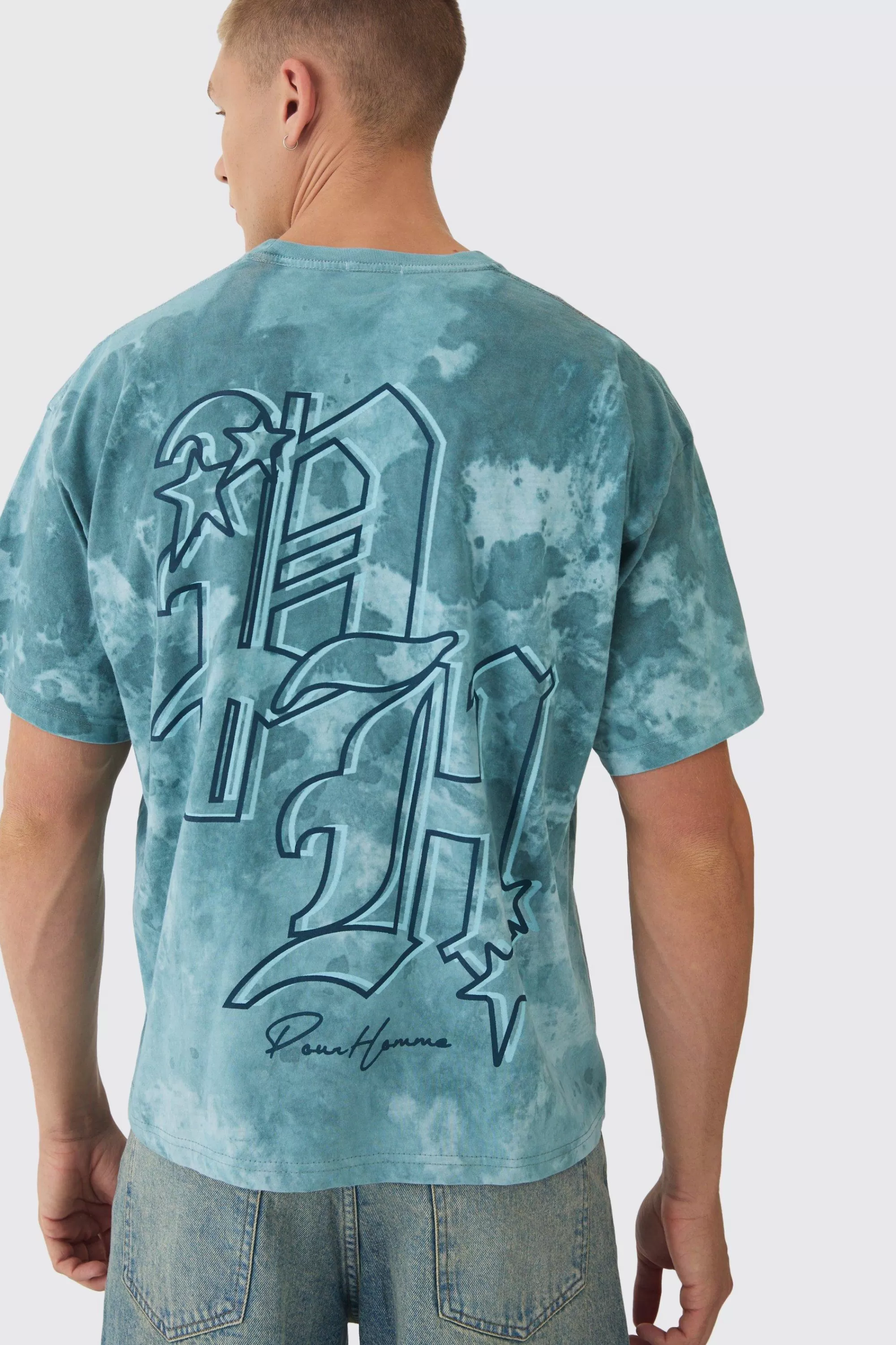 boohooMAN Oversized Boxy Heavyweight BH Print T-Shirt | UK teal Store