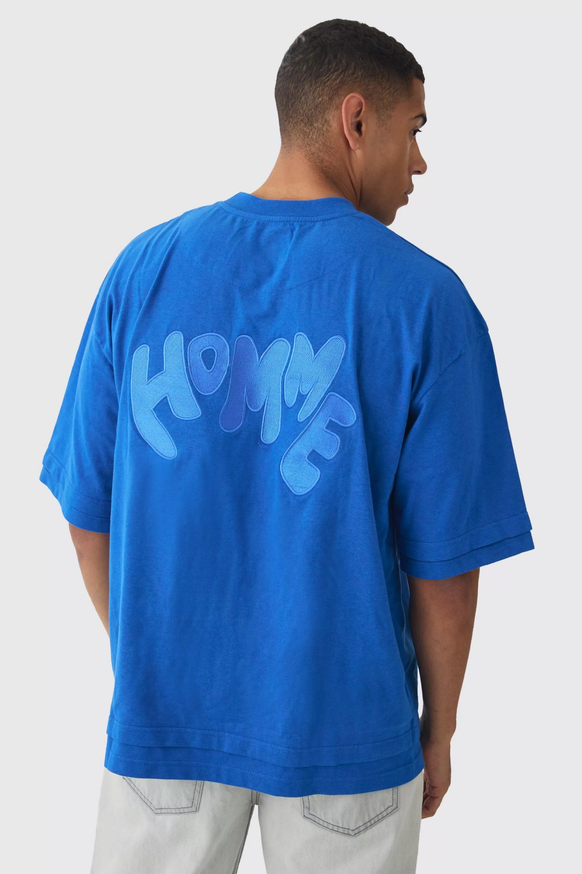 boohooMAN Oversized Boxy Heavyweight Embroidered Faux Layer T-shirt | UK cobalt Cheap