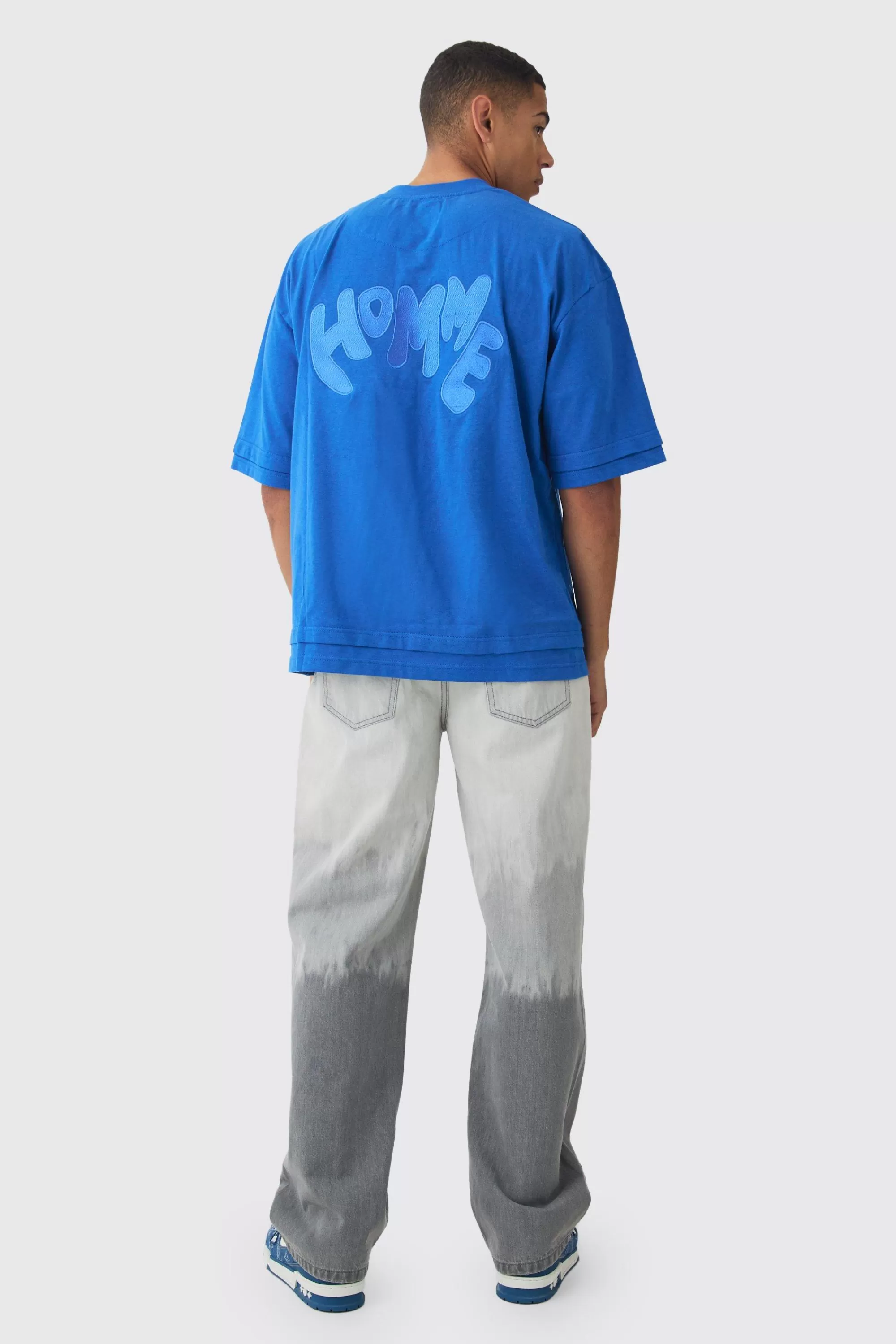 boohooMAN Oversized Boxy Heavyweight Embroidered Faux Layer T-shirt | UK cobalt Cheap
