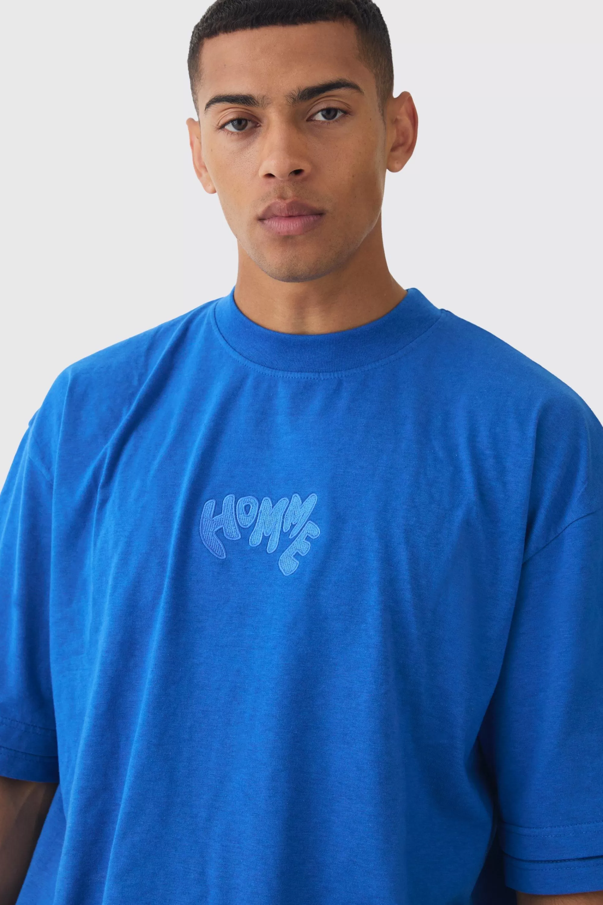 boohooMAN Oversized Boxy Heavyweight Embroidered Faux Layer T-shirt | UK cobalt Cheap