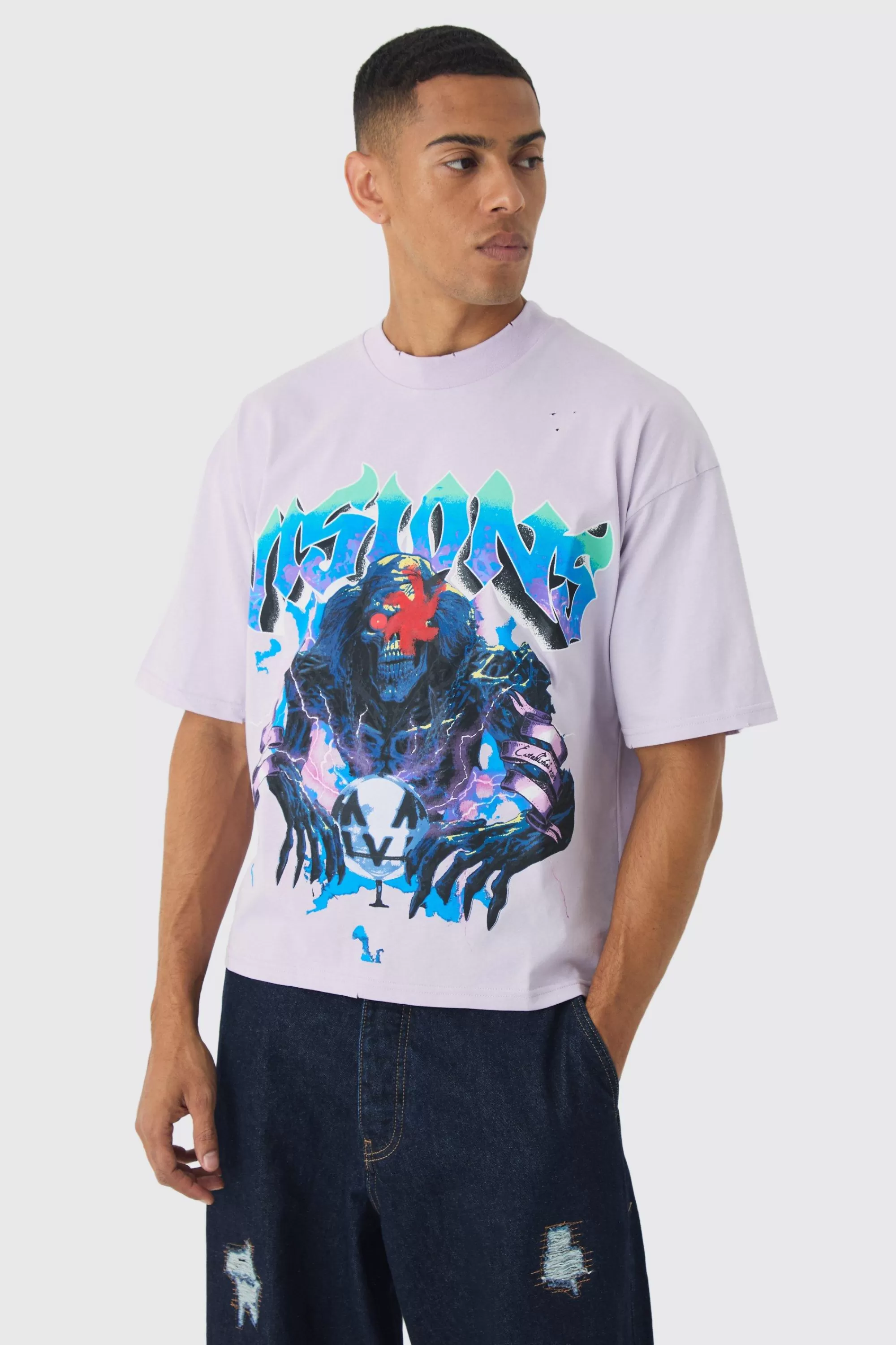 boohooMAN Oversized Boxy Heavyweight Graphic T-shirt | UK lilac Fashion