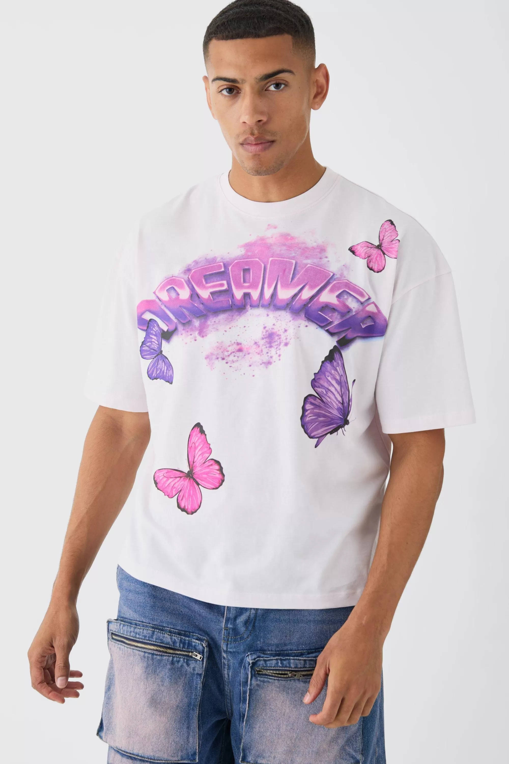boohooMAN Oversized Boxy Large Butterfly Graphic T-shirt | UK light pink Best Sale