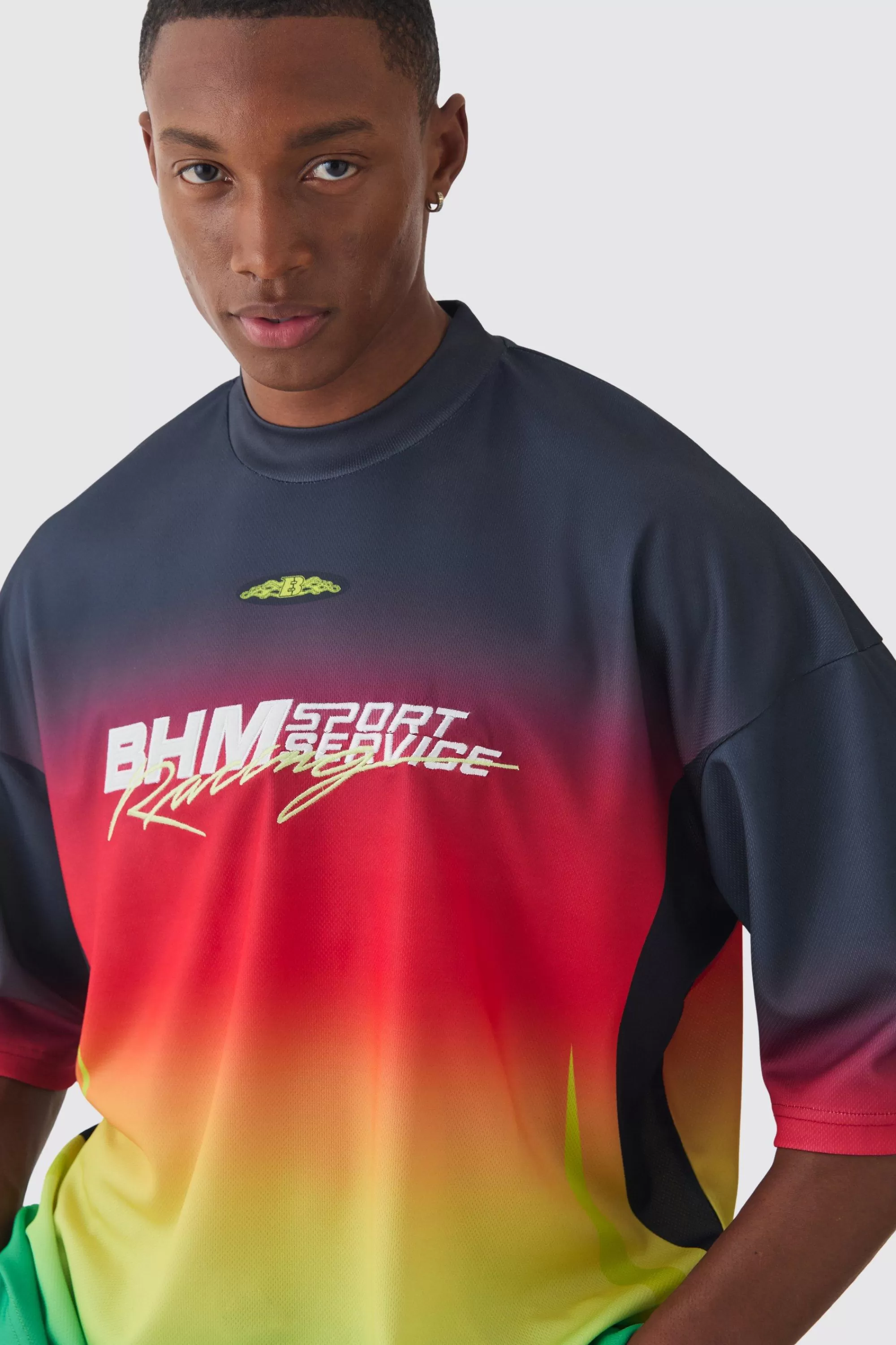 boohooMAN Oversized Boxy Mesh Applique Ombre Printed T-shirt | UK multi Hot
