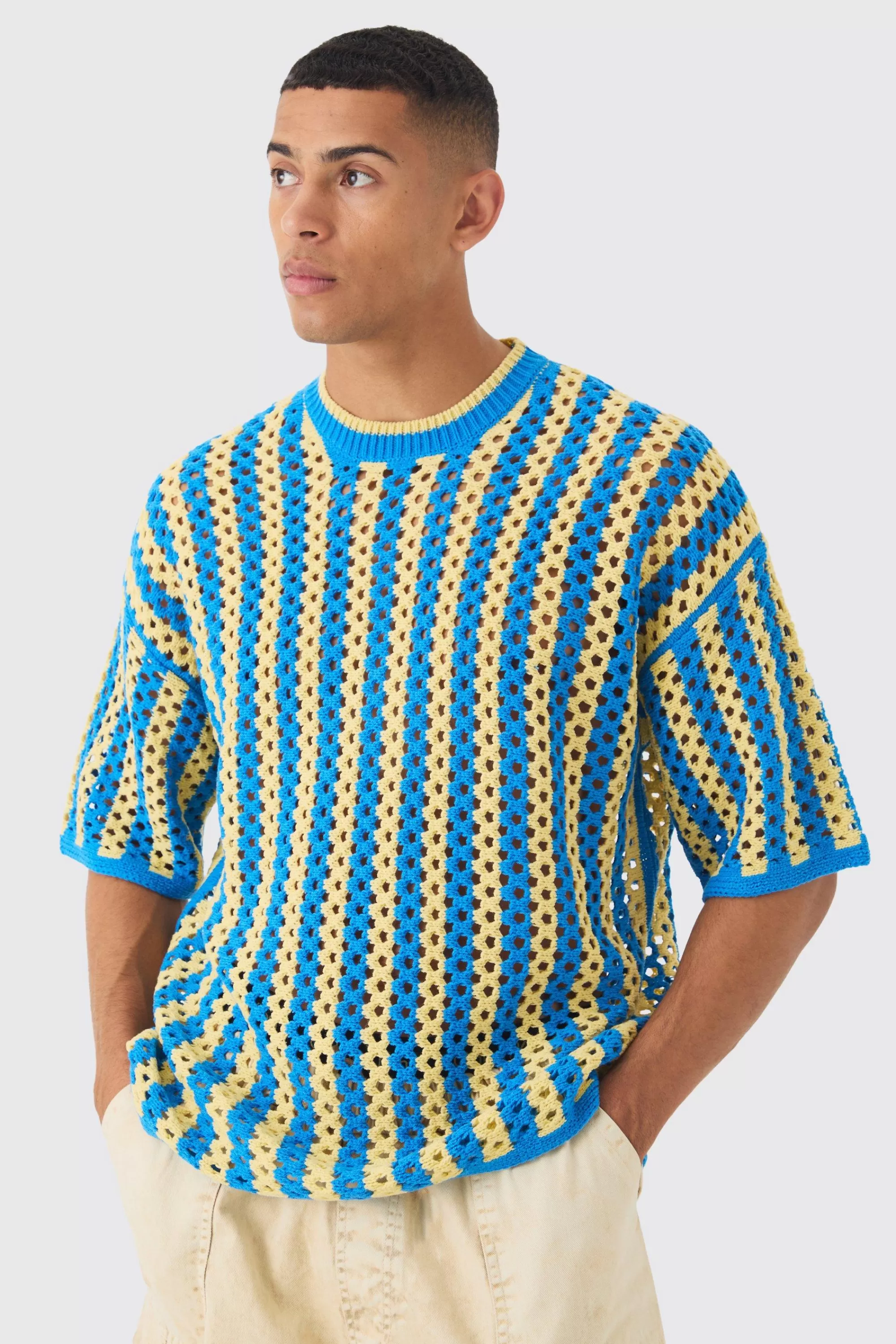 boohooMAN Oversized Boxy Open Stitch Stripe Knit T-shirt | UK cobalt Sale